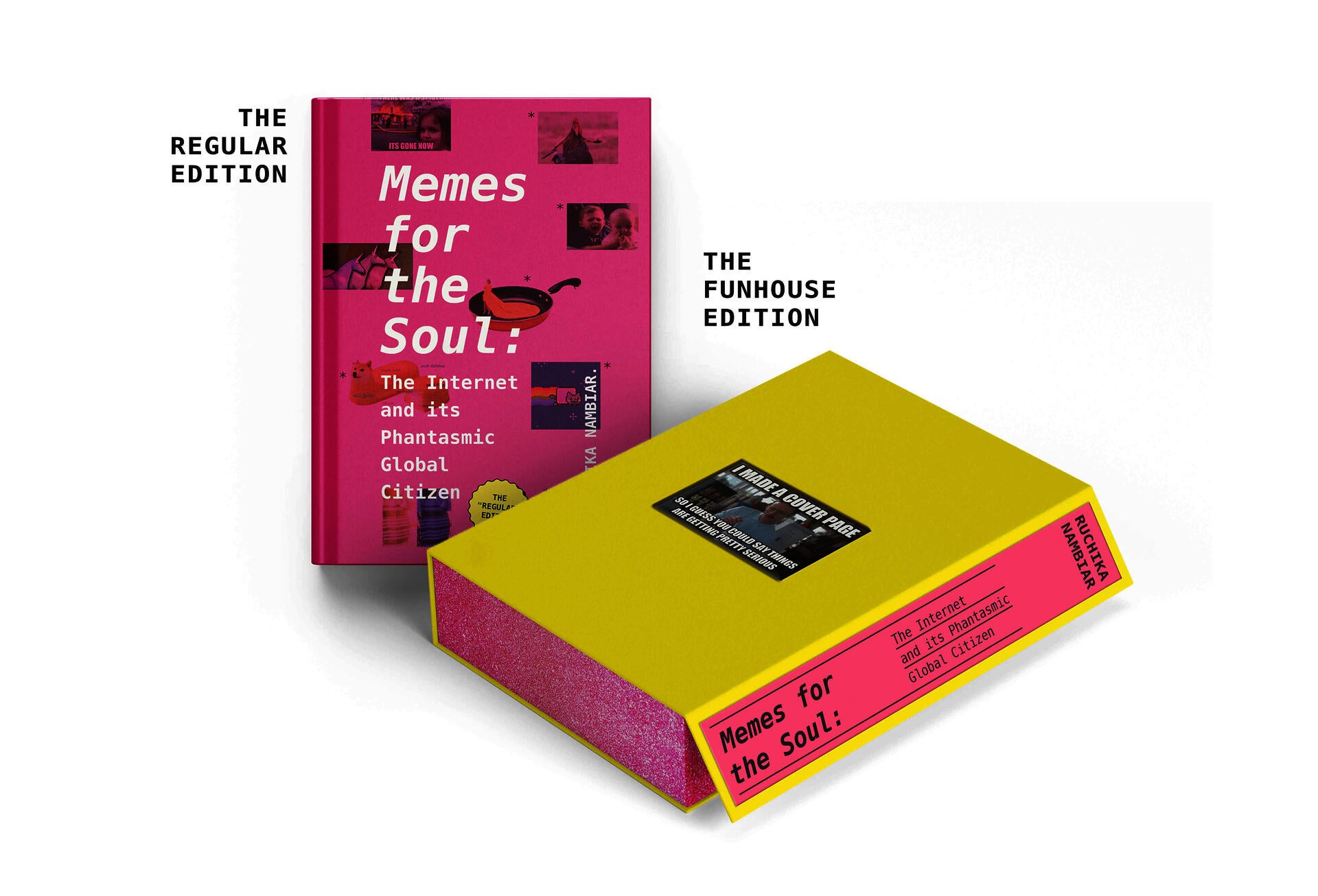 Digital visualization of a pink hardcover book, beside a yellow clamshell box.
