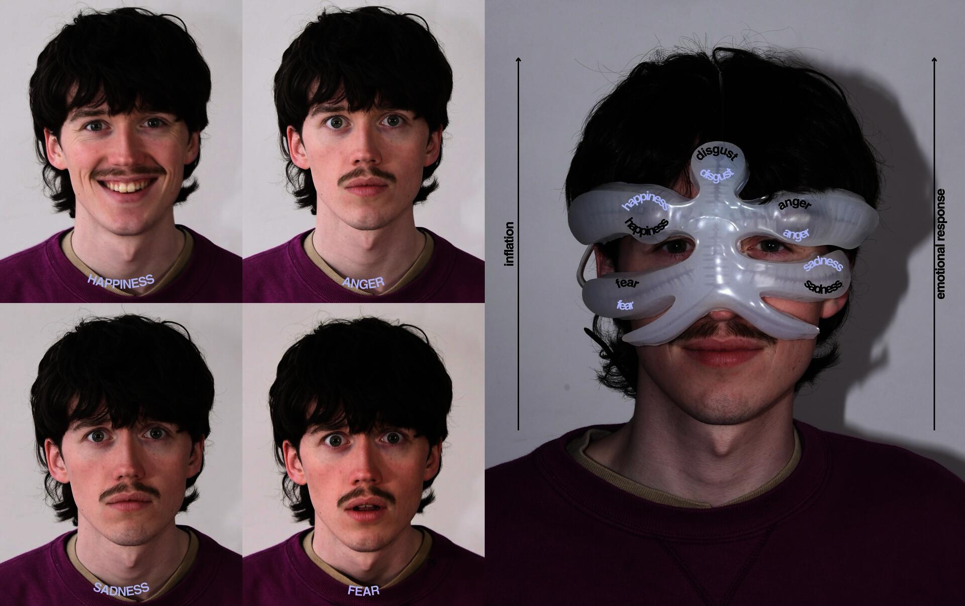 Chart showing the basic emotions; happiness, sadness, fear, anger, and disgust. The secondary image shows a portrait of a face wearing the augmentation and the chambers it represents.  