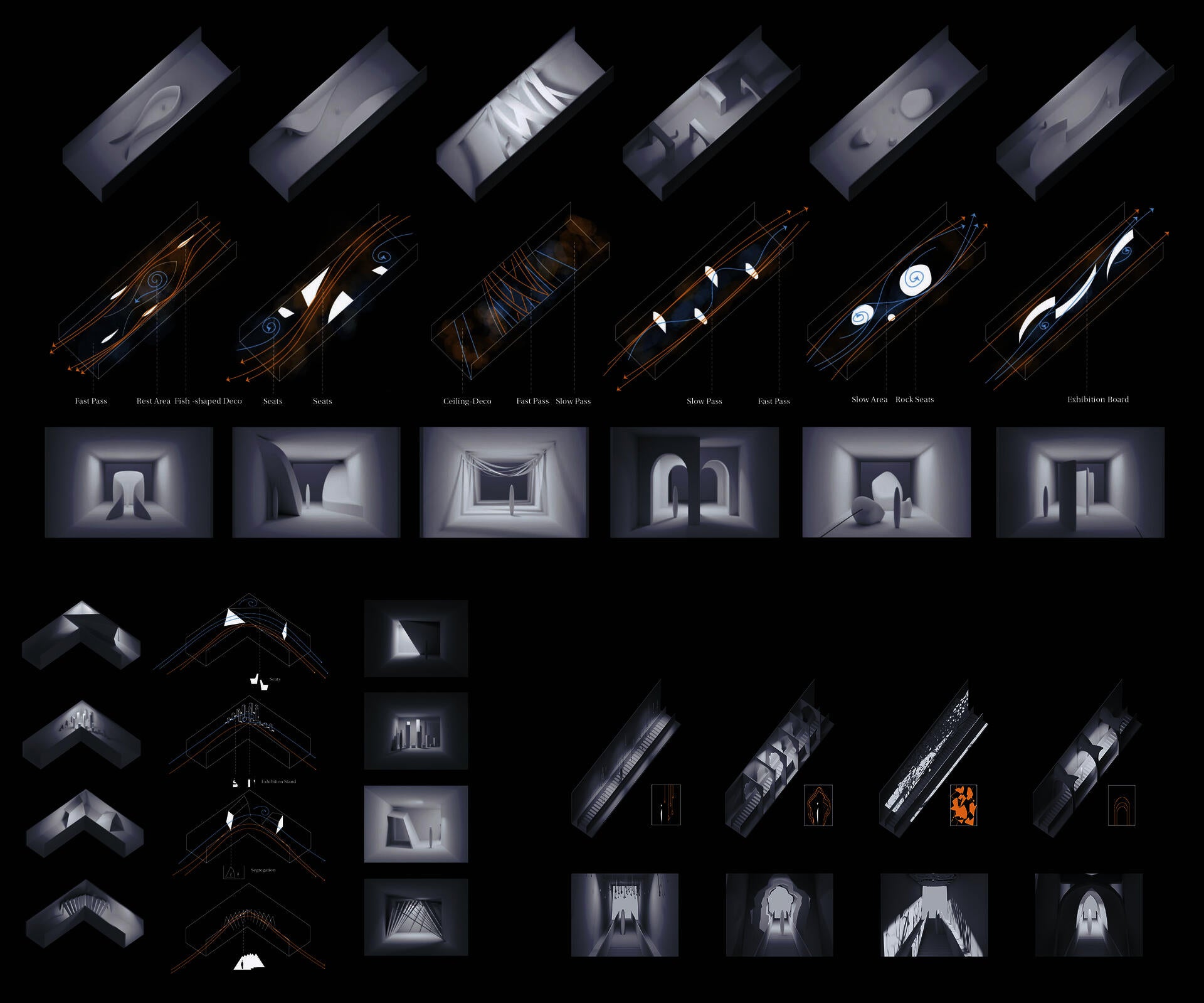 Modular design of corridors, escalators and corners.