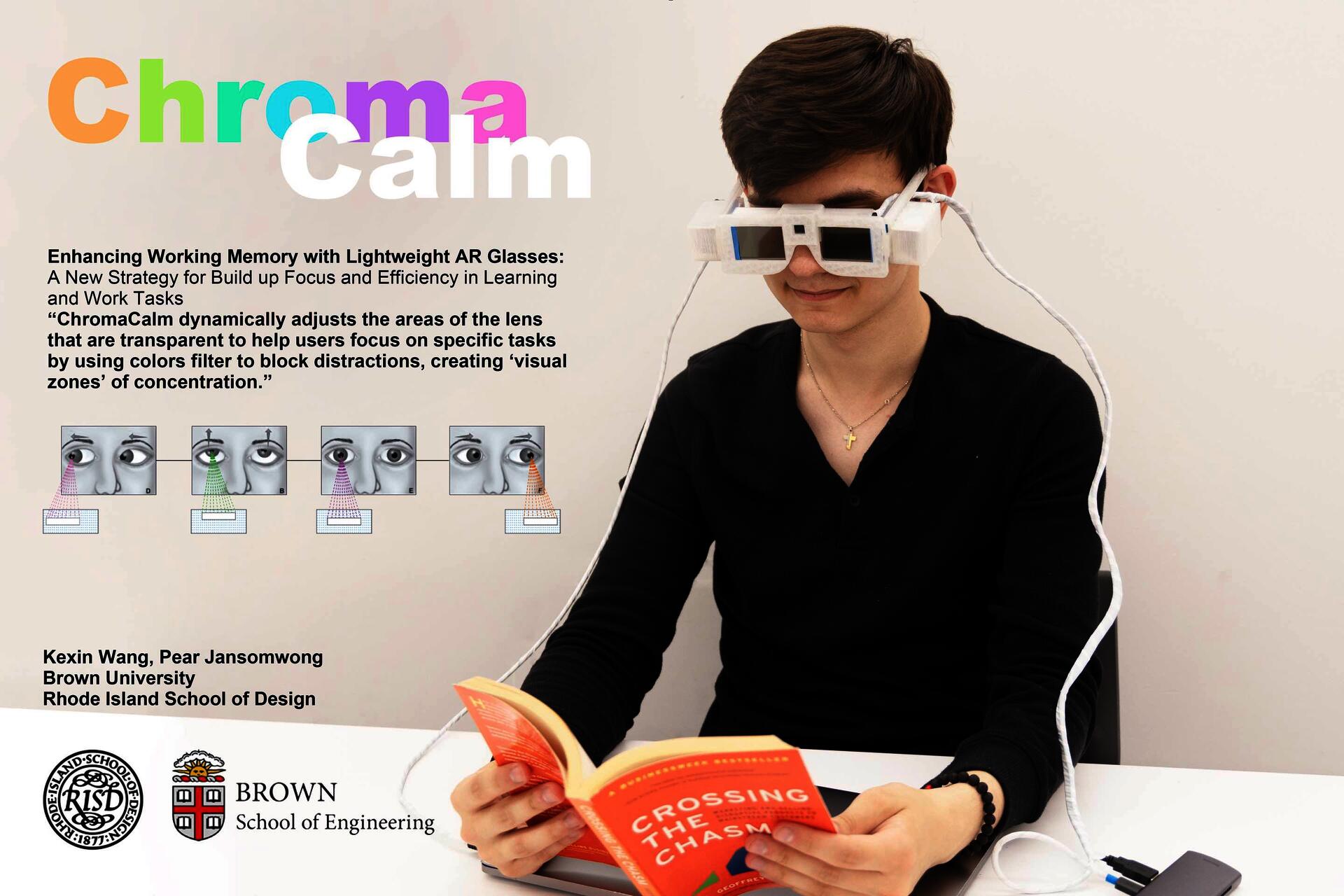 A person sits reading a book while wearing ChromaCalm AR glasses, which are equipped with adjustable transparent lenses to aid concentration.
