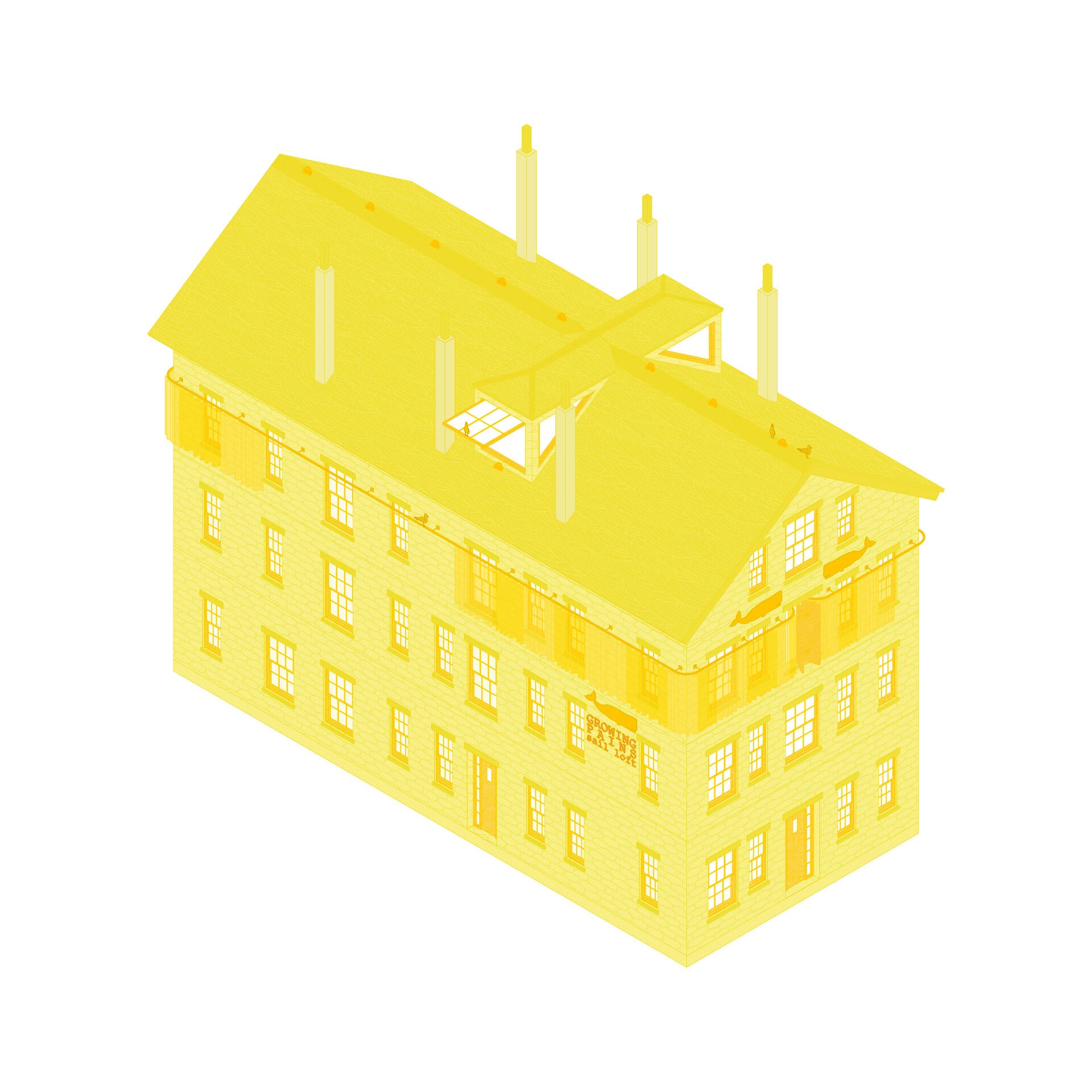 Yellow isometric illustration of an 1800's 4 story stone building.