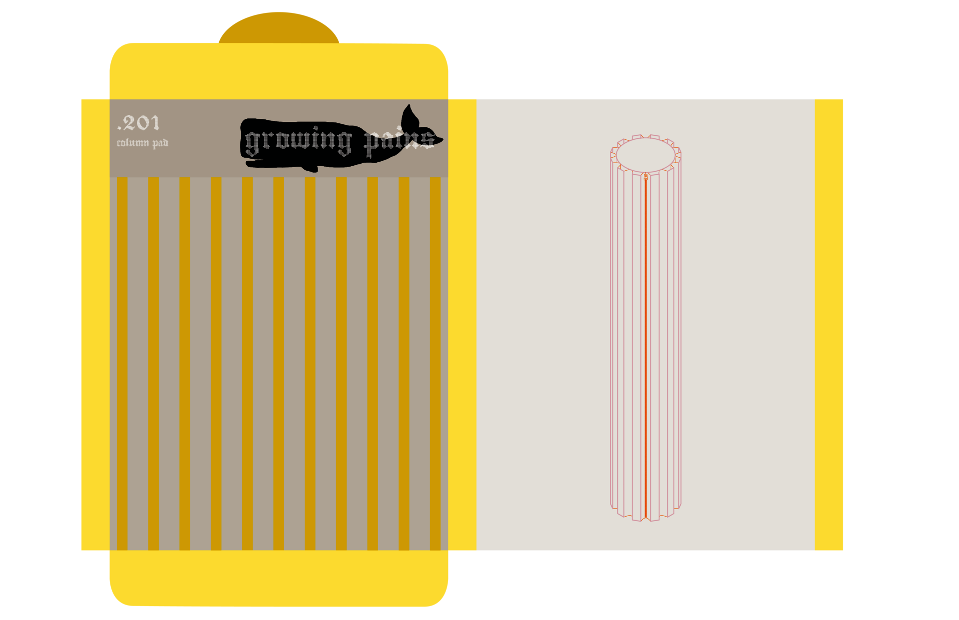 outline of an unfolded sleeve that hold sewing patterns. has a line drawing of a column on it