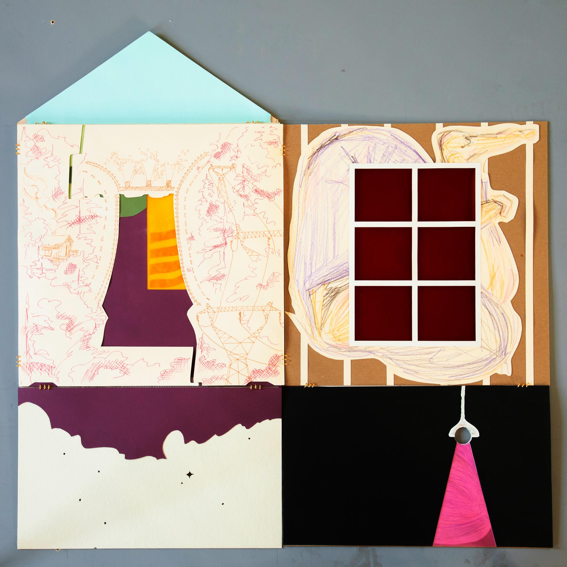 Flattened walls of a house form layered out to display depictions of the human form and landscape on relating sides. 