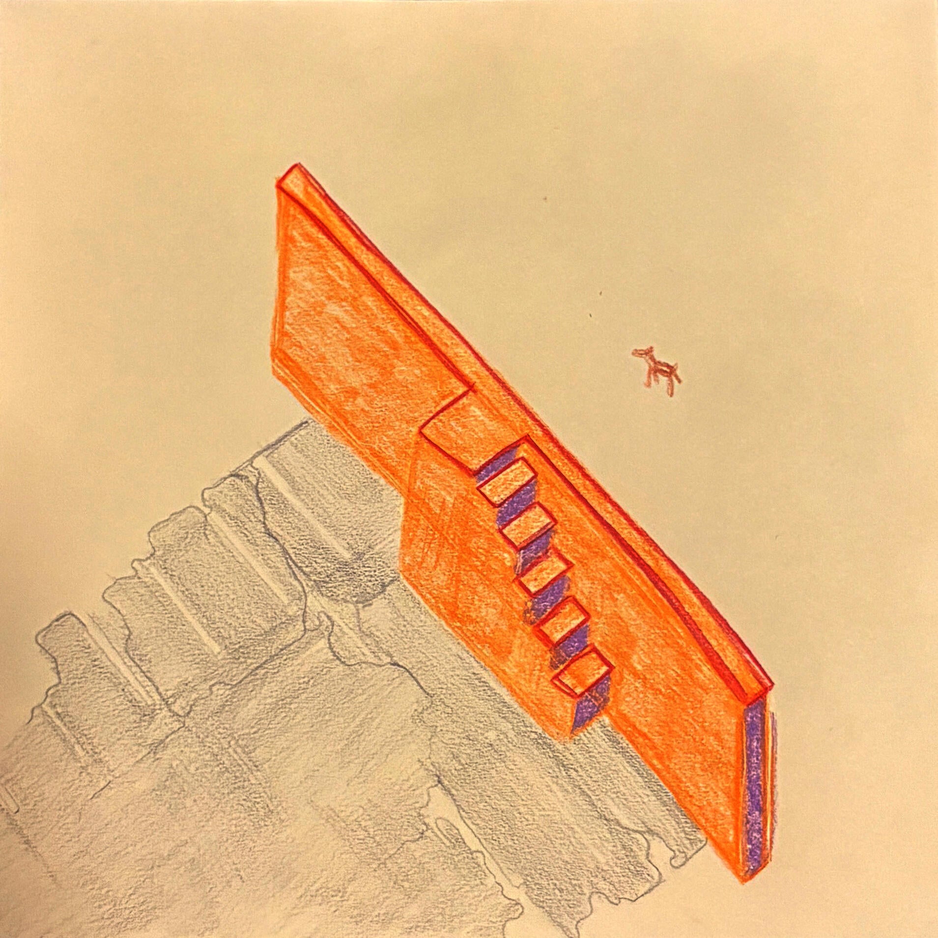 Colored axon  of a wall at the edge of a parking lot with stairs leading up it to view a deer.