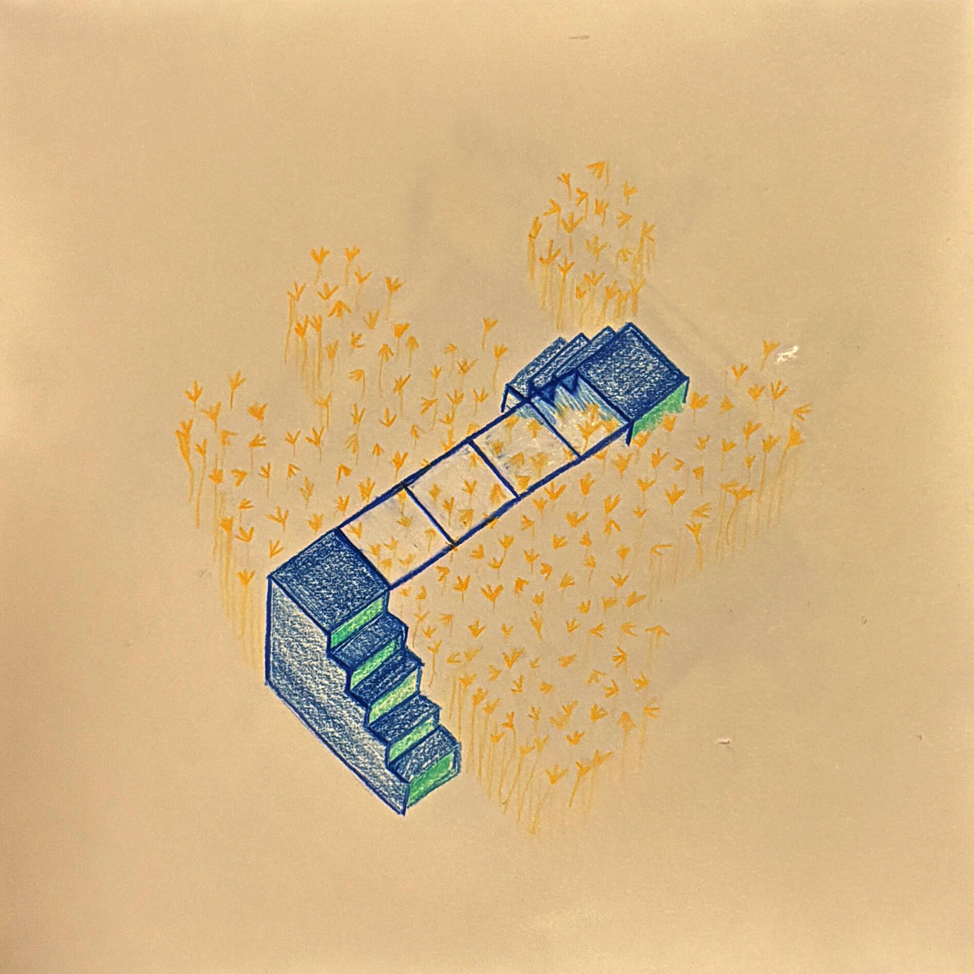 Colored axon of a stair leading to a raised transparent platform that ends in another stair down. The platform spans over a field of tall grass.