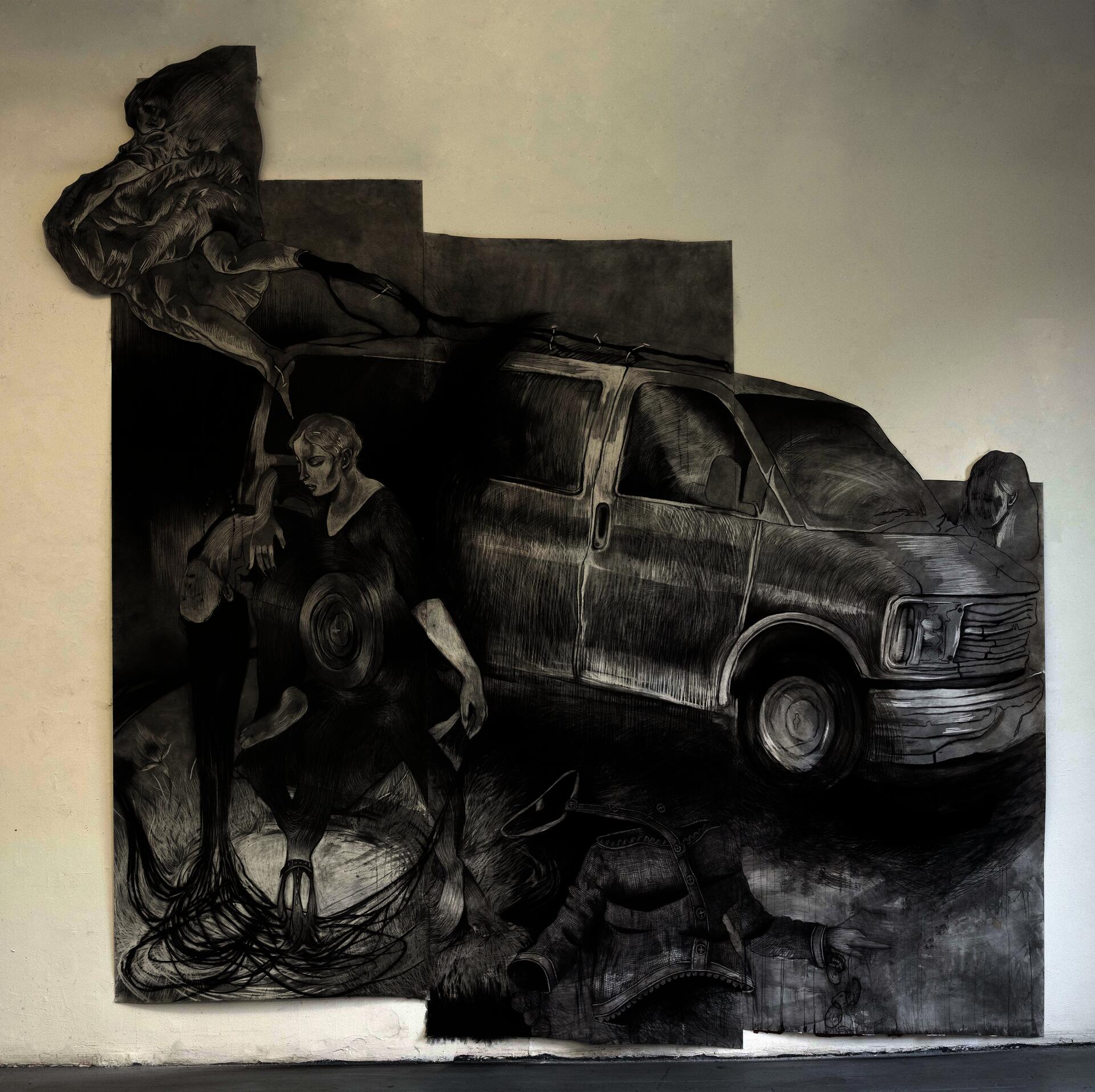 Large Scale charcoal on paper drawing, two figures morph and split apart from each other. There is a large van in the background of the image, from the top of the van an angel flees the scene. 