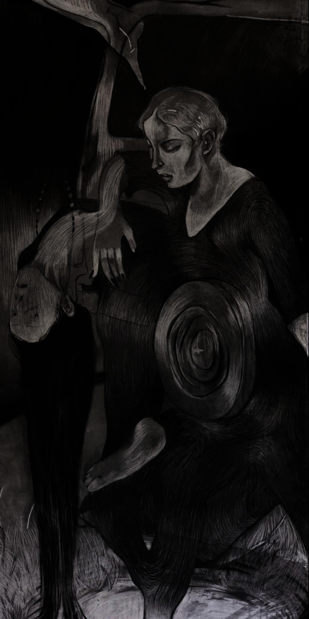 This is a close up of the work, Easter Sunday Exorcism, it shows the two main figures in the composition in a moment of conflict and transformation. It also displays the texture present in the mark making of the drawing. 