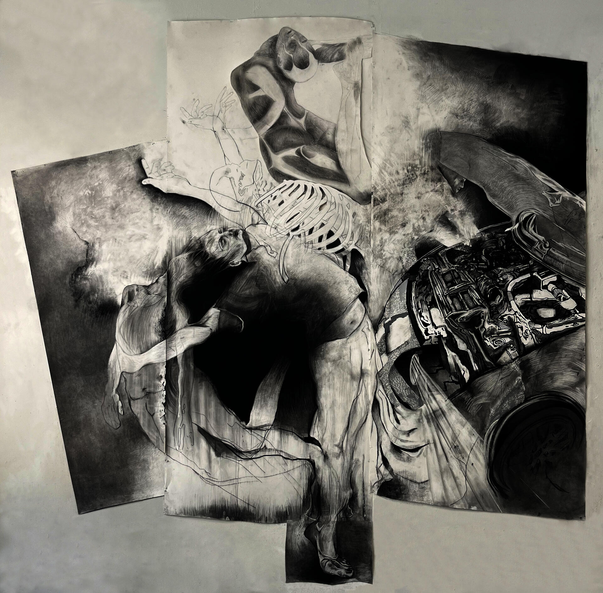 This is a large scale charcoal drawing. A car crashes into a body causing a the figure to split apart, flesh and bones are suspended above the main figure. 