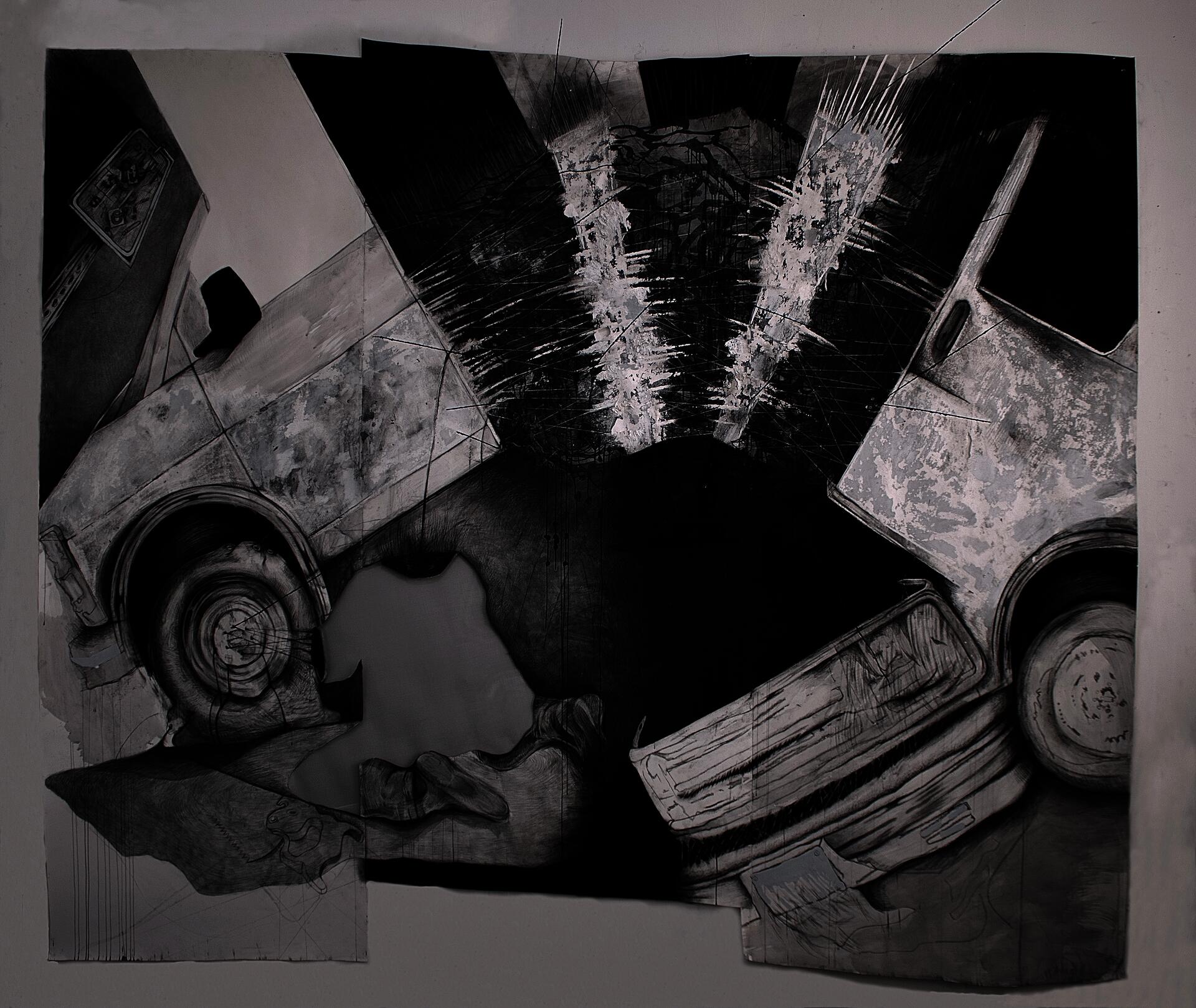 This is a large scale charcoal drawing of a van exploding. There are sculptural elements to the piece such as long steal rods coming out of the explosion. There is a figure in the bottom left attempting to fix the exploded van. 