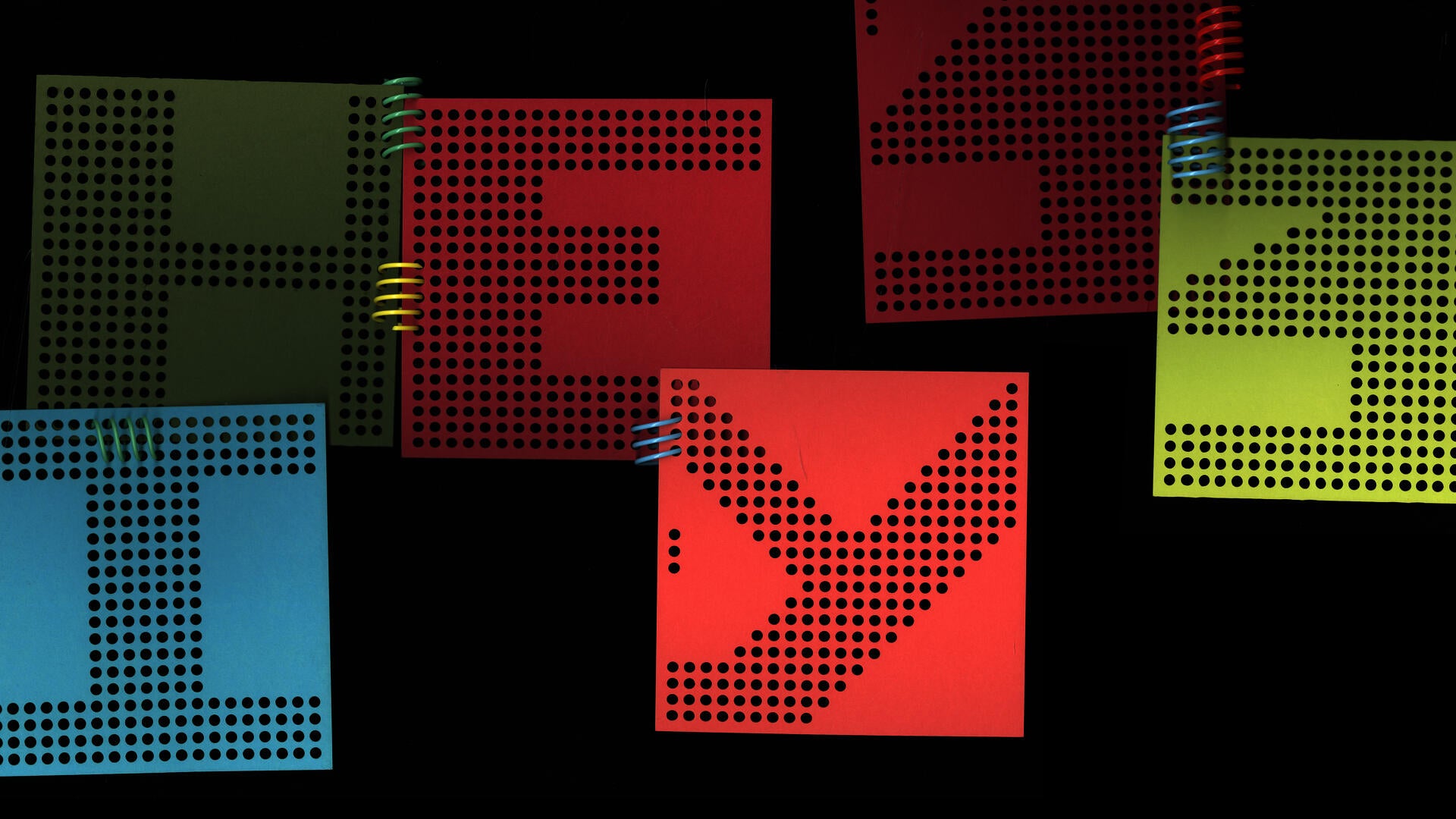 Colored, perforated papers, each with a letter, form the words “Hey,” “Hi,” and the number 13. The papers are held together by pieces of colored coil binding. 