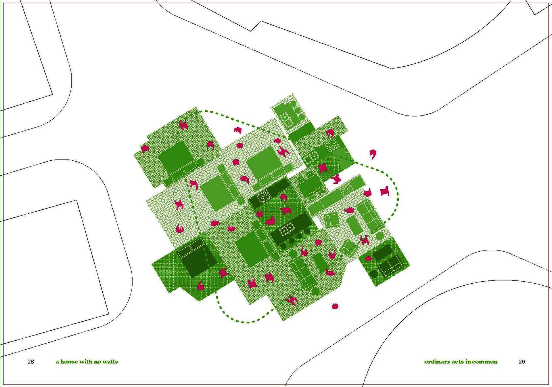 Plan drawing of city square with rooms in center, drawn in green. Rooms have no walls, only hatches and furniture. People shown in pink traverse the space.  