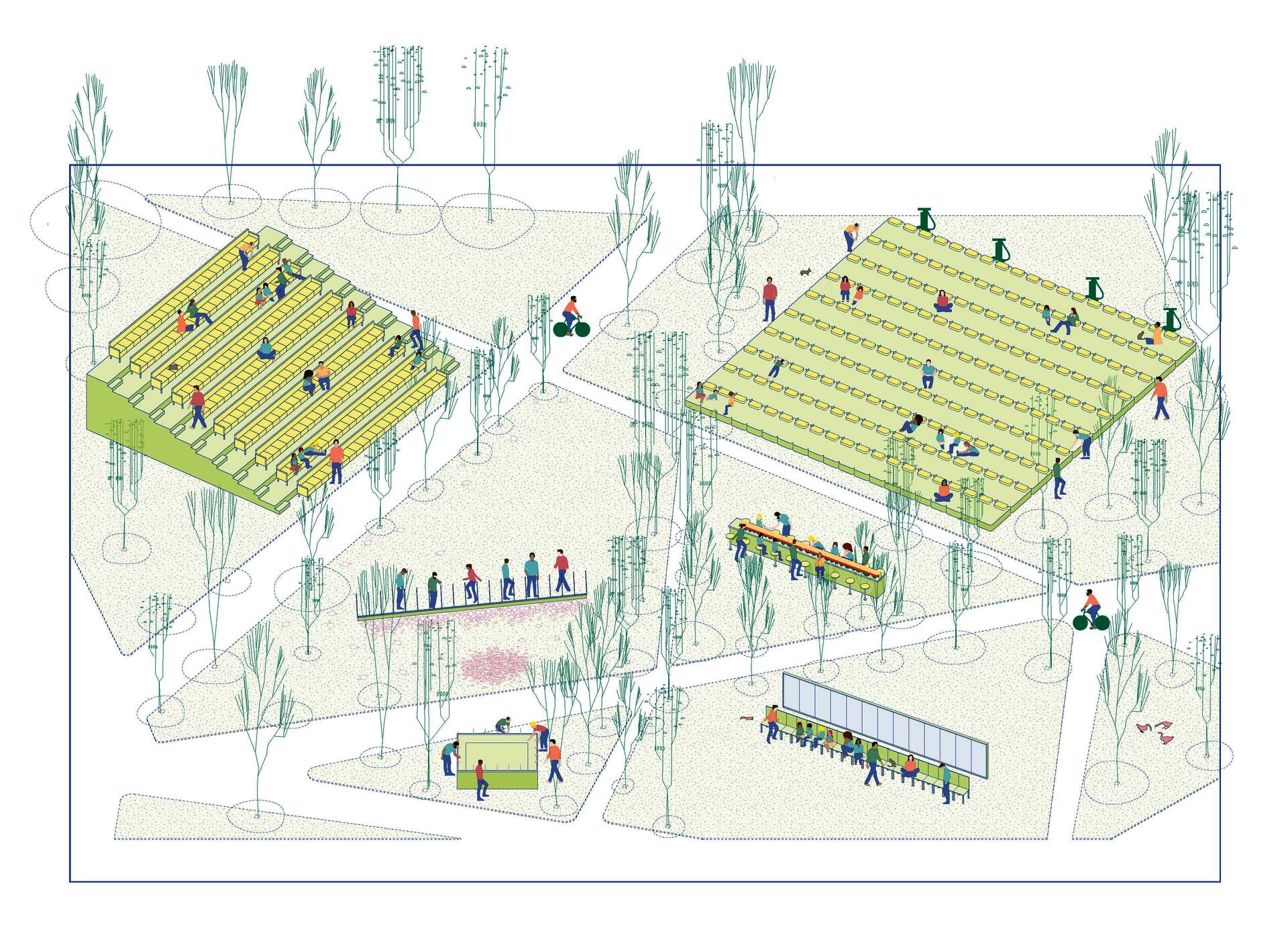 Illustrated drawing of scaled furniture in a park, from axon view. 