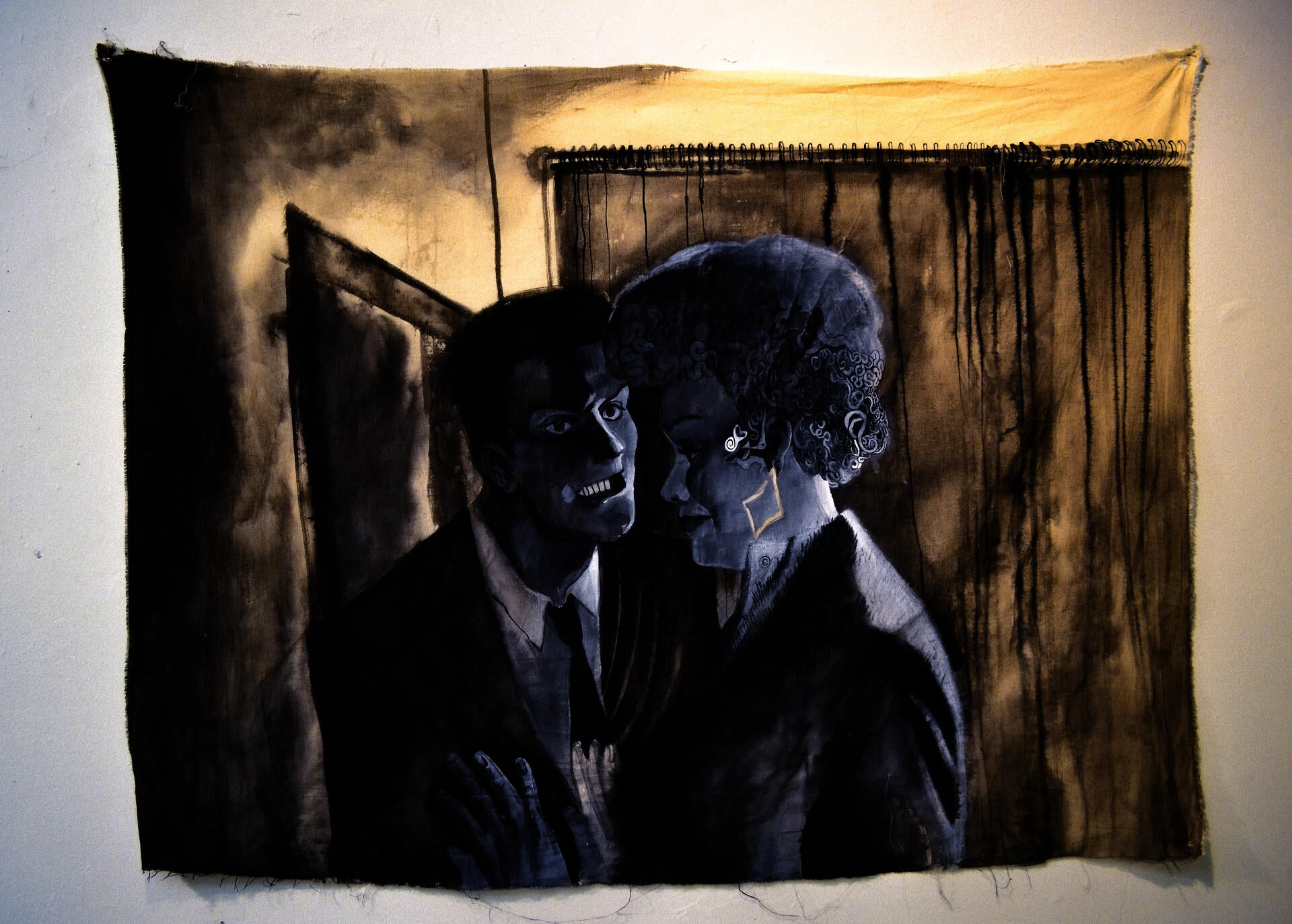 Black and white painting of two figures speaking to each other. 