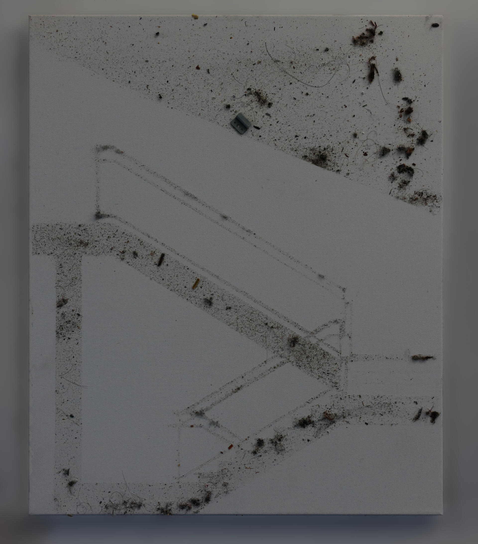 "Getting to the Core of It Digital drawing, scanned dust  This drawing extracts the circulation core of a building and introduces swept dust as an architectural hatch. By using debris to mark selective surfaces while leaving expected poche conditions unresolved, the drawing confuses distinctions between solid, void, structure, and occupation, treating accumulated matter as both residue and representation."