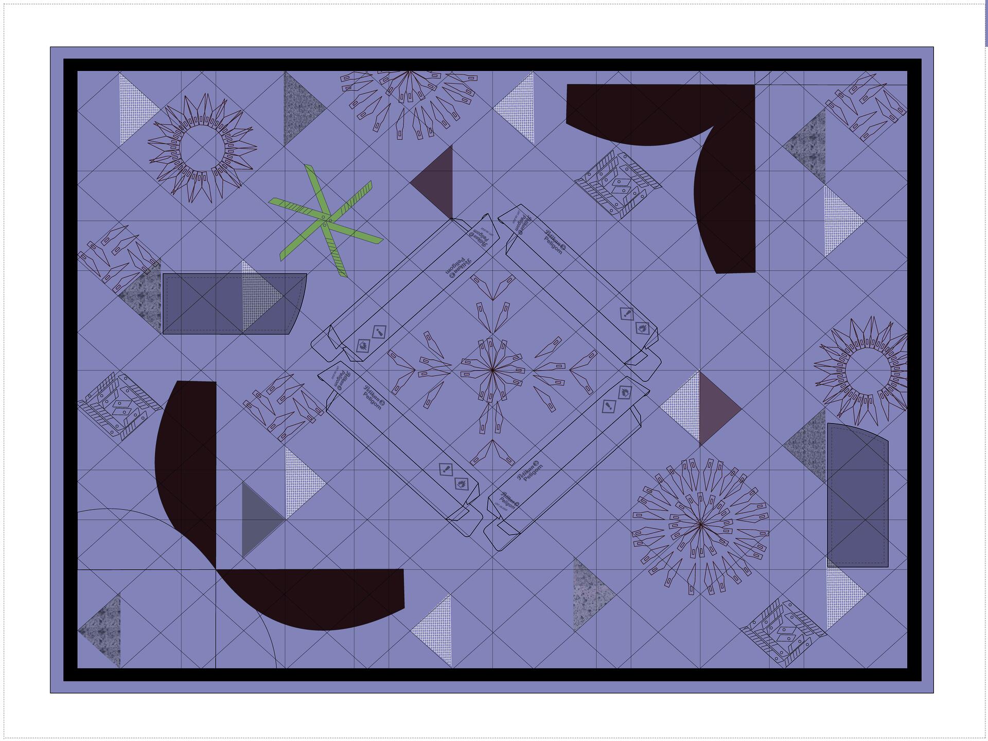 Digital patchwork quilt composed of studio debris on a pale purple grid. Ornamental motifs, shapes, and architectural remnants overlap in a layered composition resembling a quilt.