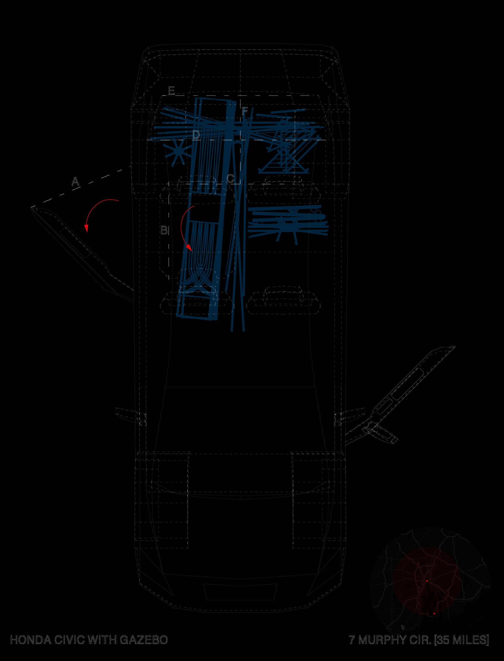 Technical drawing of a Honda Civic on a black background, loaded with blue gazebo parts. Dimension lines, arrows, and annotations describe the space of the car.