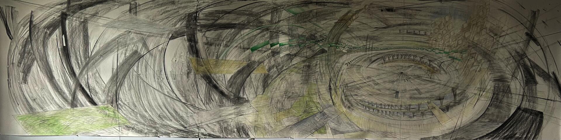 Panoramic drawing with multiple, colliding perspectives of the Kaaba and Masjid Al Haram. 