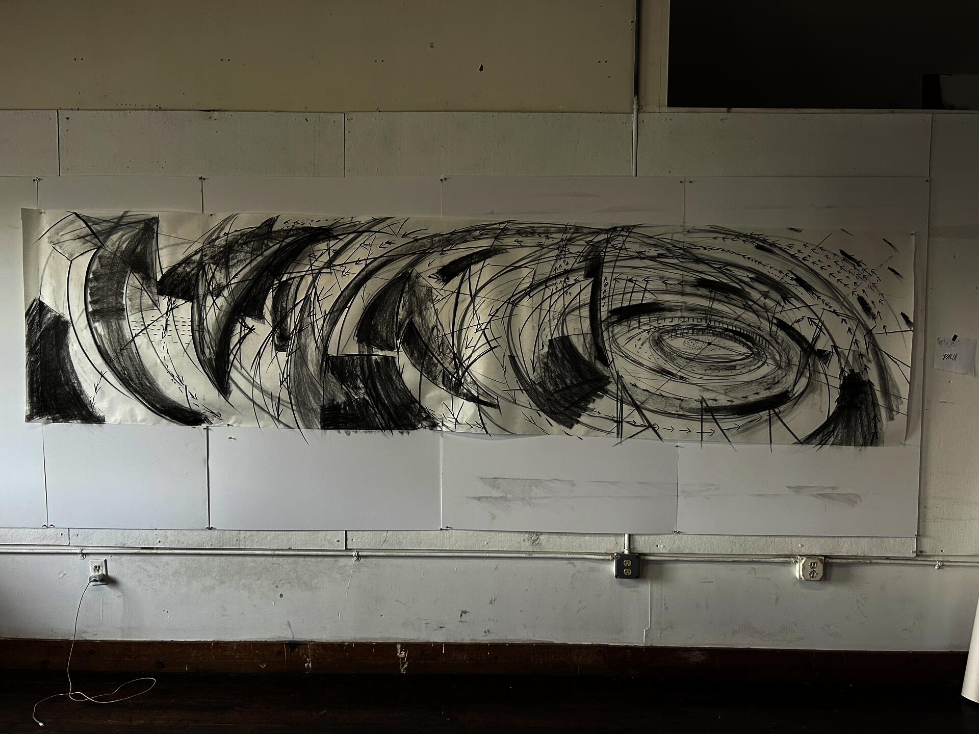 Process drawing and compositional map of arrows, lines, and shapes using charcoal. 