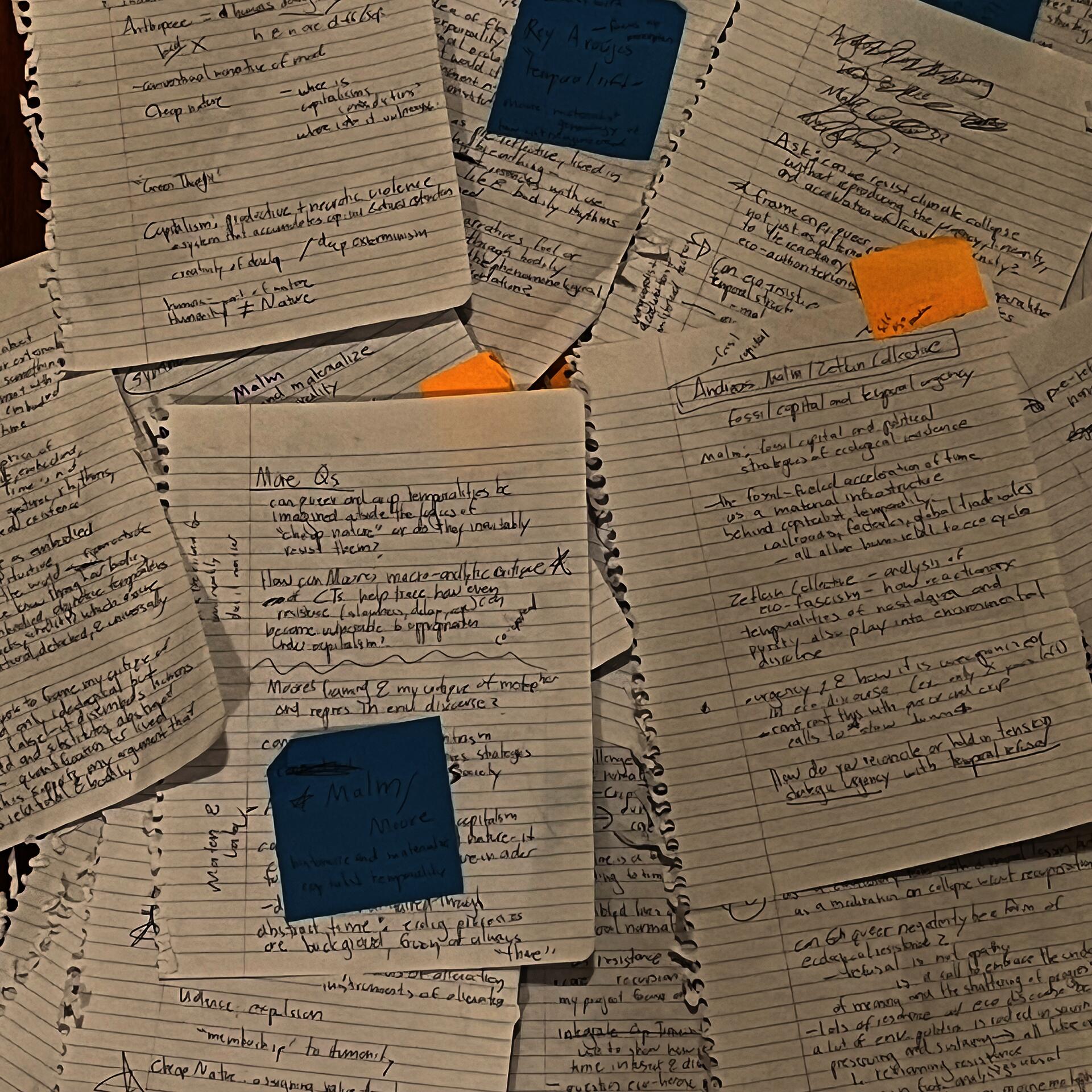 Scattered handwritten thesis notes cover a wooden table, layered with torn notebook pages, blue and orange sticky notes, and underlined references to queer temporality, ecology, and capitalism. Dense black ink annotations create a cluttered, word-heavy image.