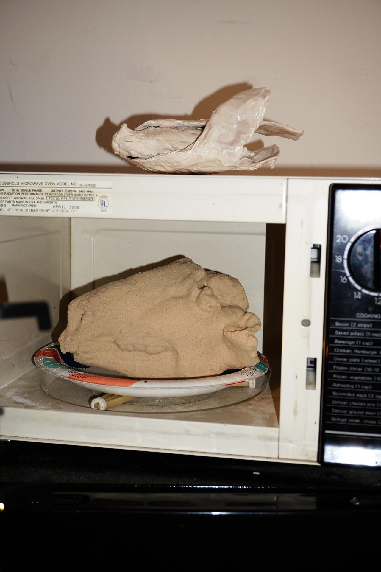 A lamb head made from sand, hardened by CO₂, set inside a microwave. On top sits a dead white bird made from plaster.