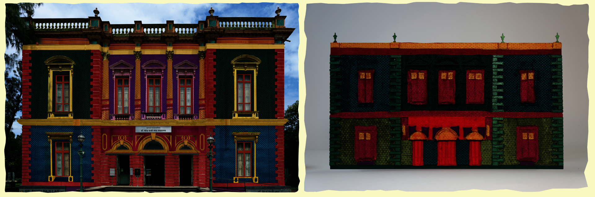 Side-by-side images of a neoclassical museum facade. Left: a photograph of the Dr. Bhau Daji Lad Museum painted in bold teal, purple, red, and gold. Right: a textile or material model of the same facade collaged with the Khunn fabric in rich red, teal, and gold fabrics. 