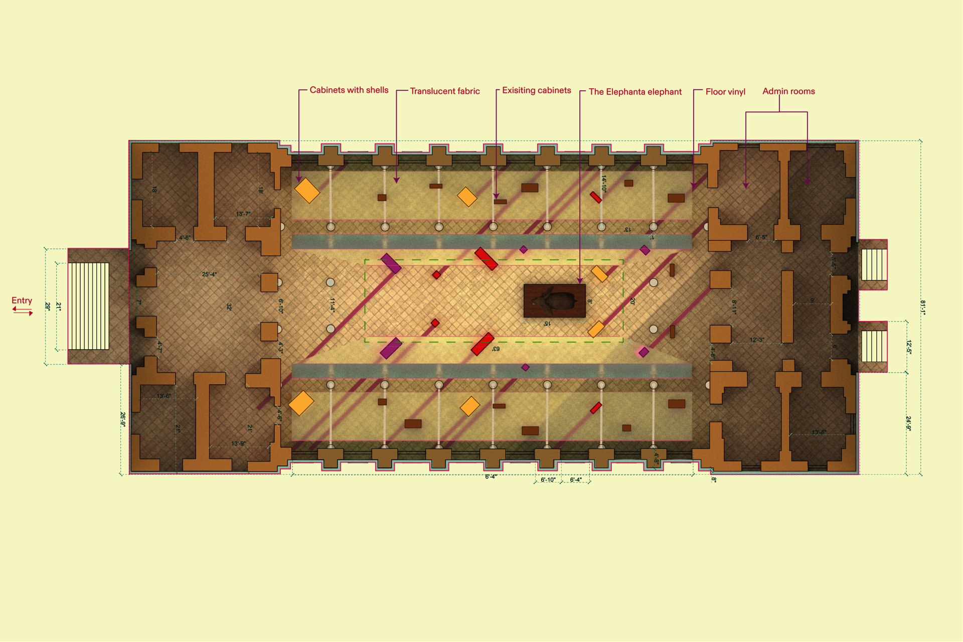 Annotated floor plan of a symmetrical museum hall in warm tan and brown, with a central oval space. Colored elements — yellow diamonds, red rectangles, magenta accents — mark cabinets, fabric, vinyl, and the Elephanta elephant. Entry arrow at left; pink and teal dimension lines border the plan.