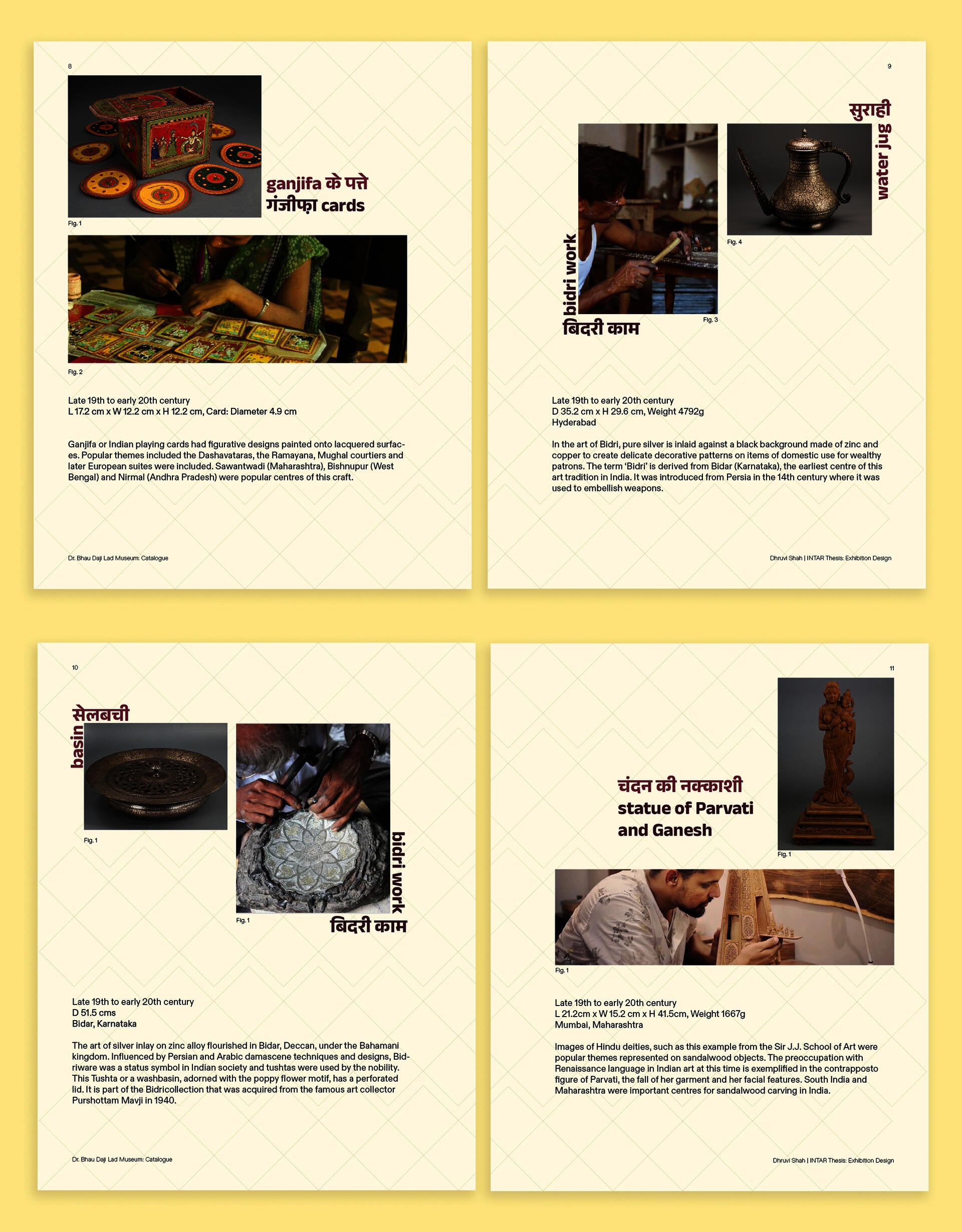 Four bilingual catalogue spreads on a yellow background, featuring photographs of Indian craft objects — ganjifa cards, bidri metalwork, a basin, and a sandalwood statue of Parvati and Ganesh — alongside images of artisans at work. Text in Hindi and English.