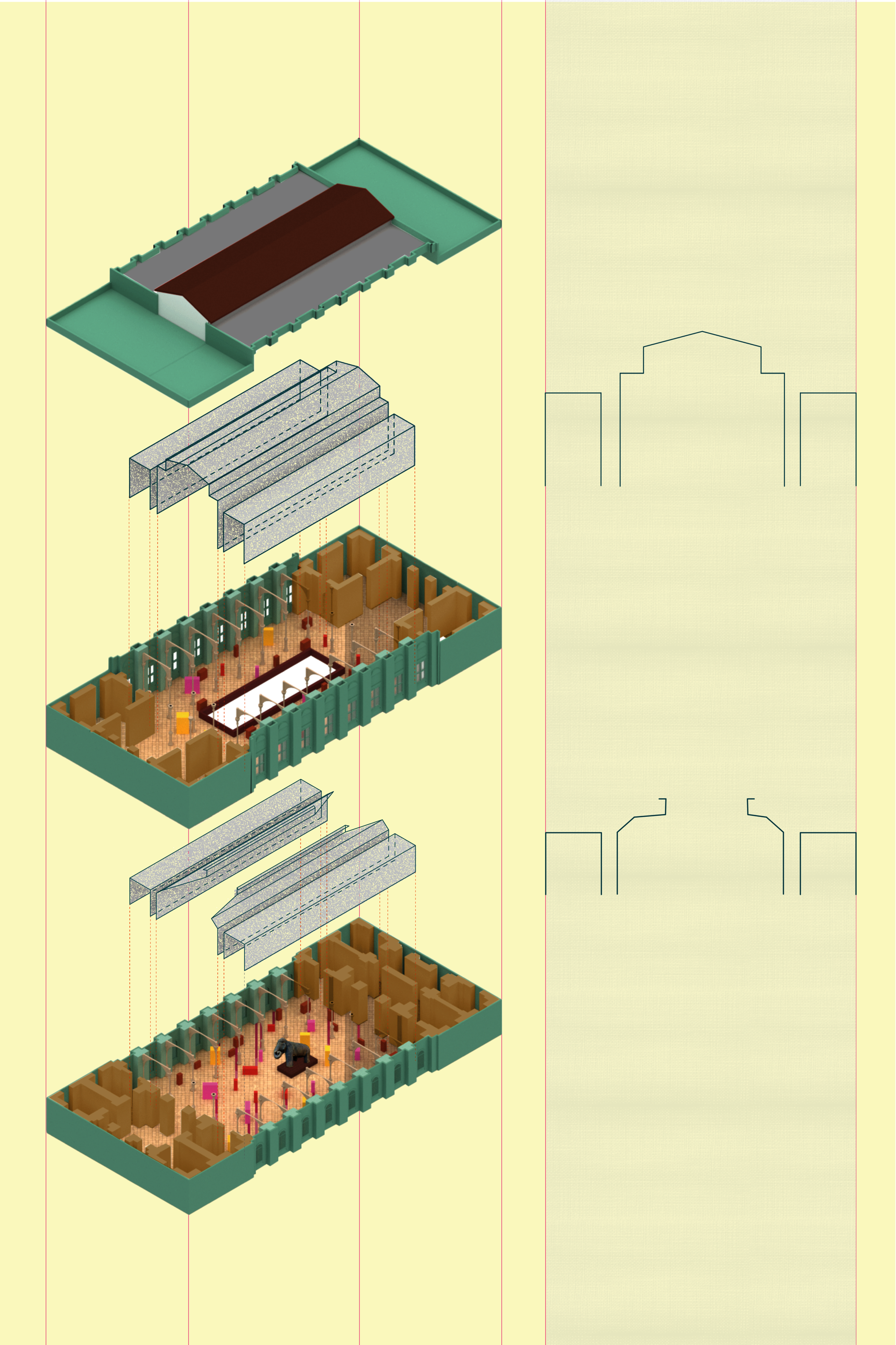 Exploded isometric diagram of a two-story museum building in teal, tan, and cream. Four layers float vertically apart: a terracotta roof, translucent fabric panels, and two open floor plans dotted with red, yellow, and magenta display elements. A small elephant sculpture sits at the ground floor center. Two simplified building silhouettes in teal line the right margin.