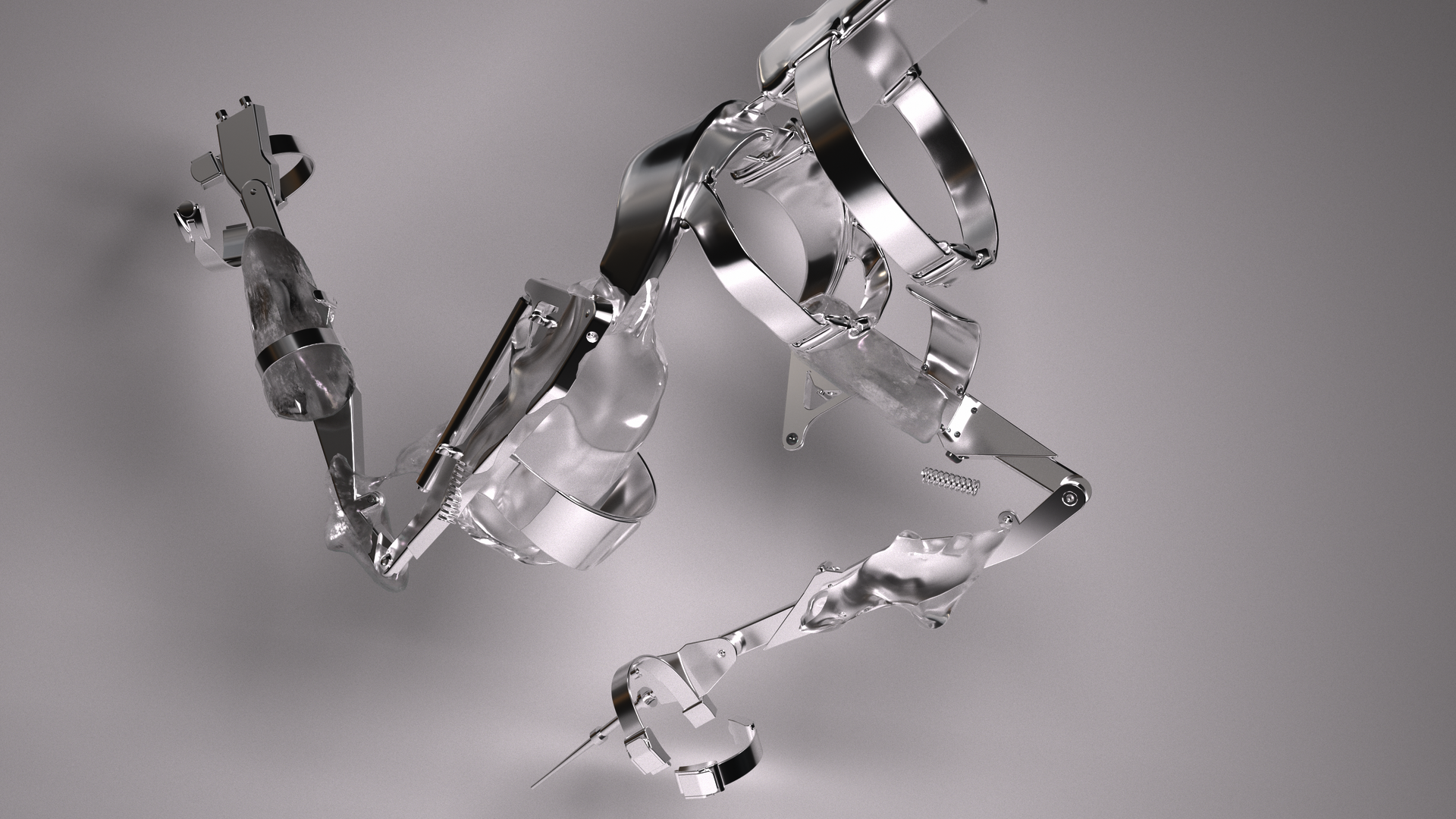 A silver-white leg brace animation designed for a 27-inch screen. It moves slowly back and forth.