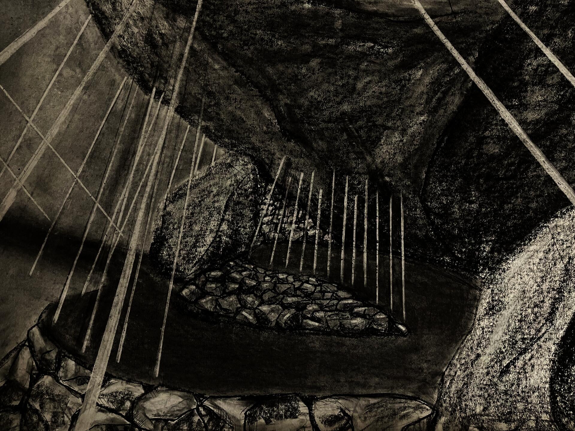 Charcoal drawing of boulders propped up by thin wood posts.