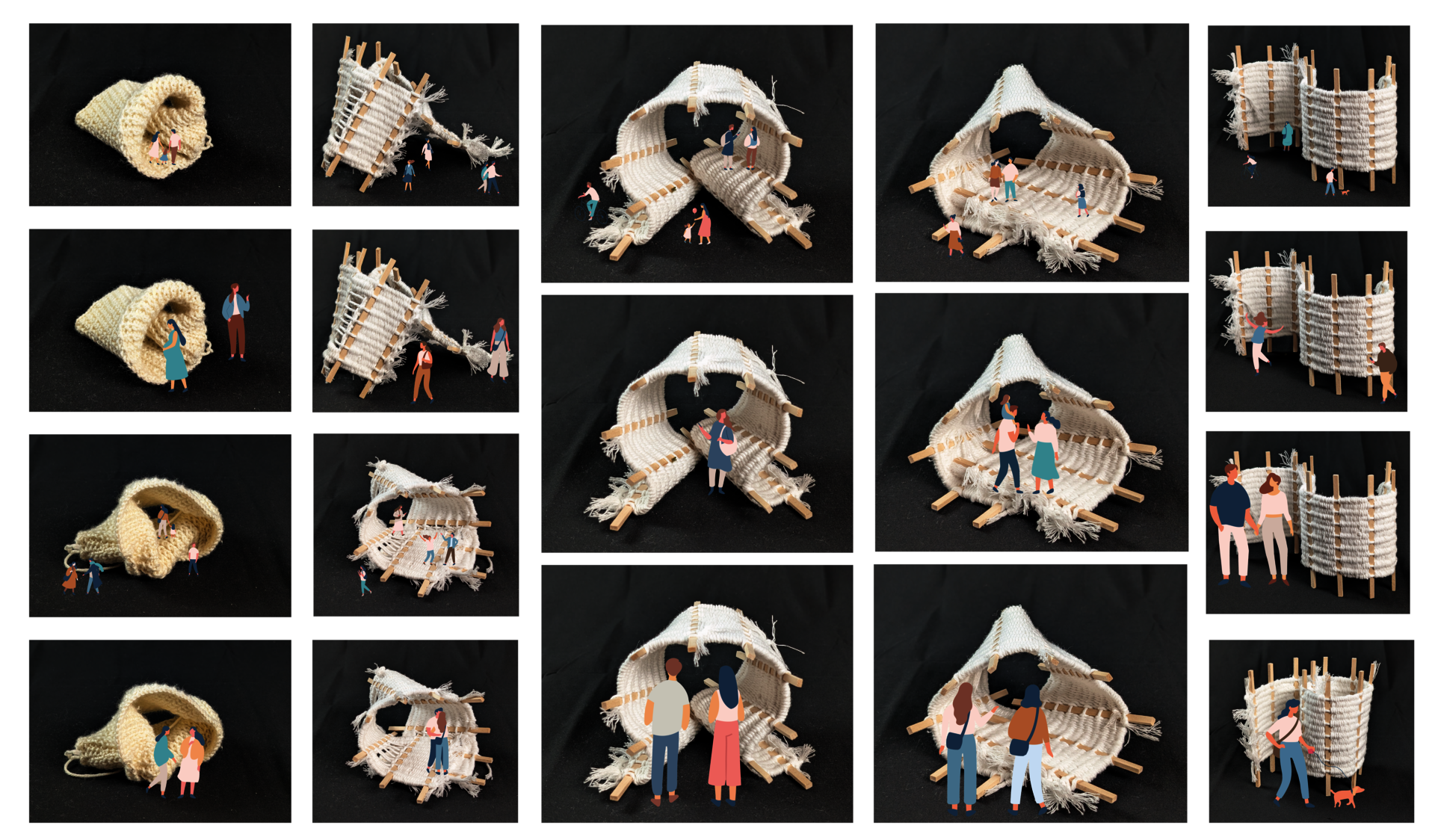 A series of images that show different forms made by woven swatches. Each form has people next to it at three different scales.