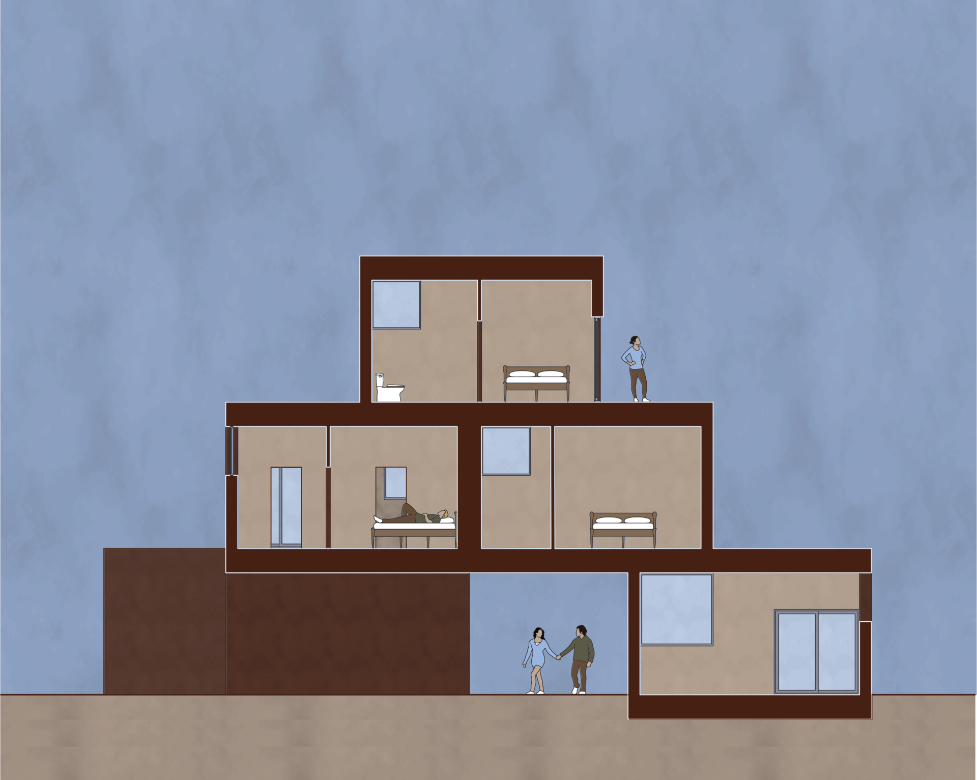 Section rendering of an apartment design. The units are stepped creating a terracing effect.
