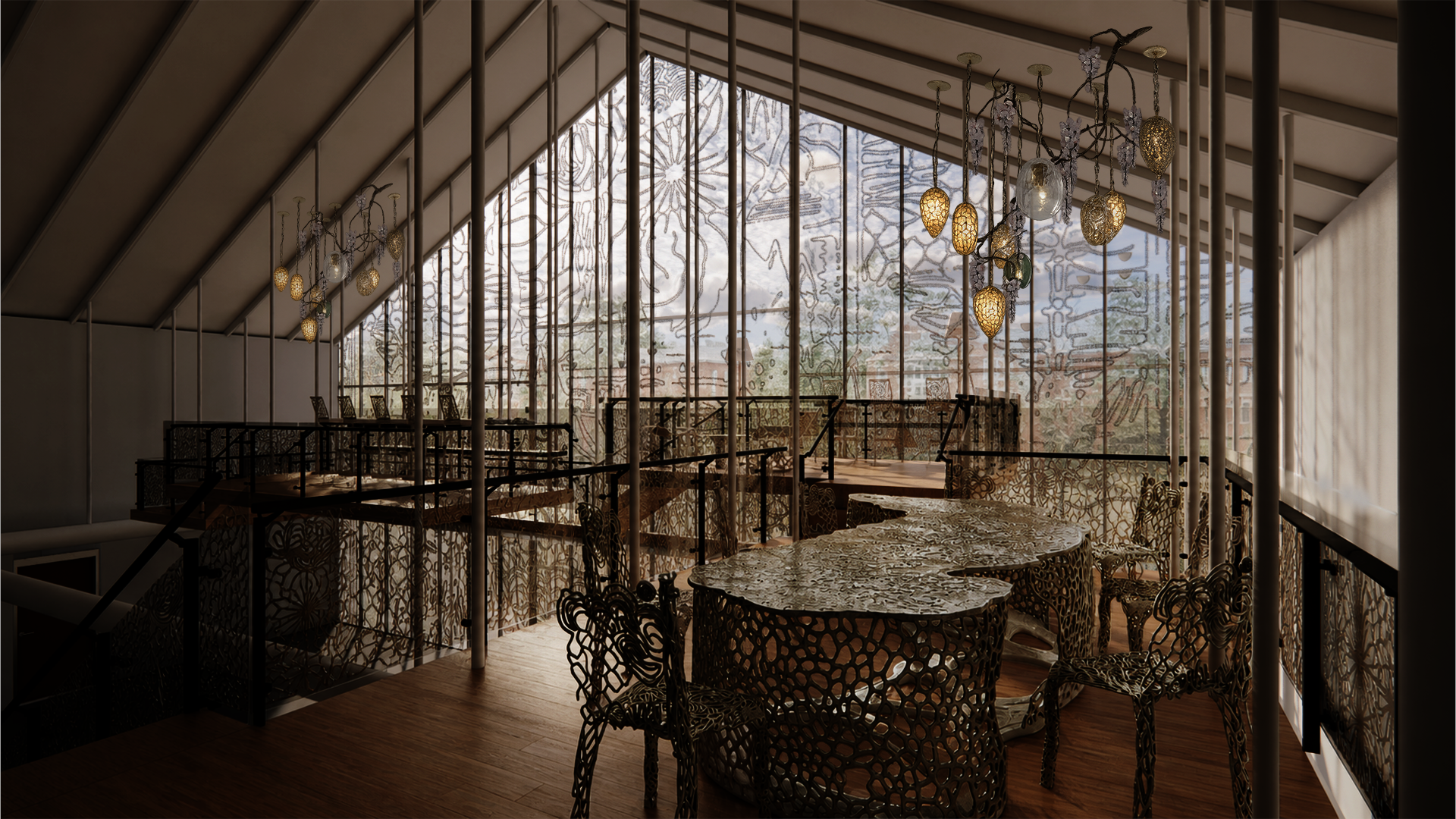 Interior rendering of The Met dining hall with elevated catwalks, screened seating areas, and tall bird-safe glazed walls for protected bird observation.