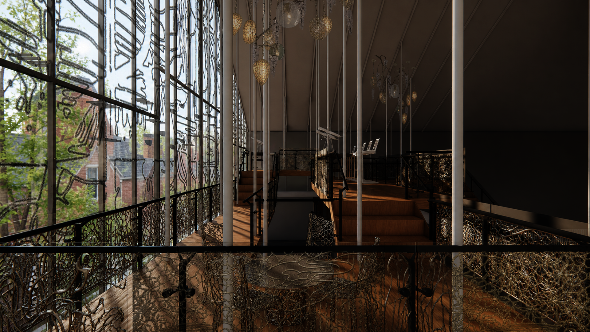 Interior rendering of The Met dining hall with elevated catwalks, stepped platforms, patterned glazed walls, and screened railings for protected bird observation.