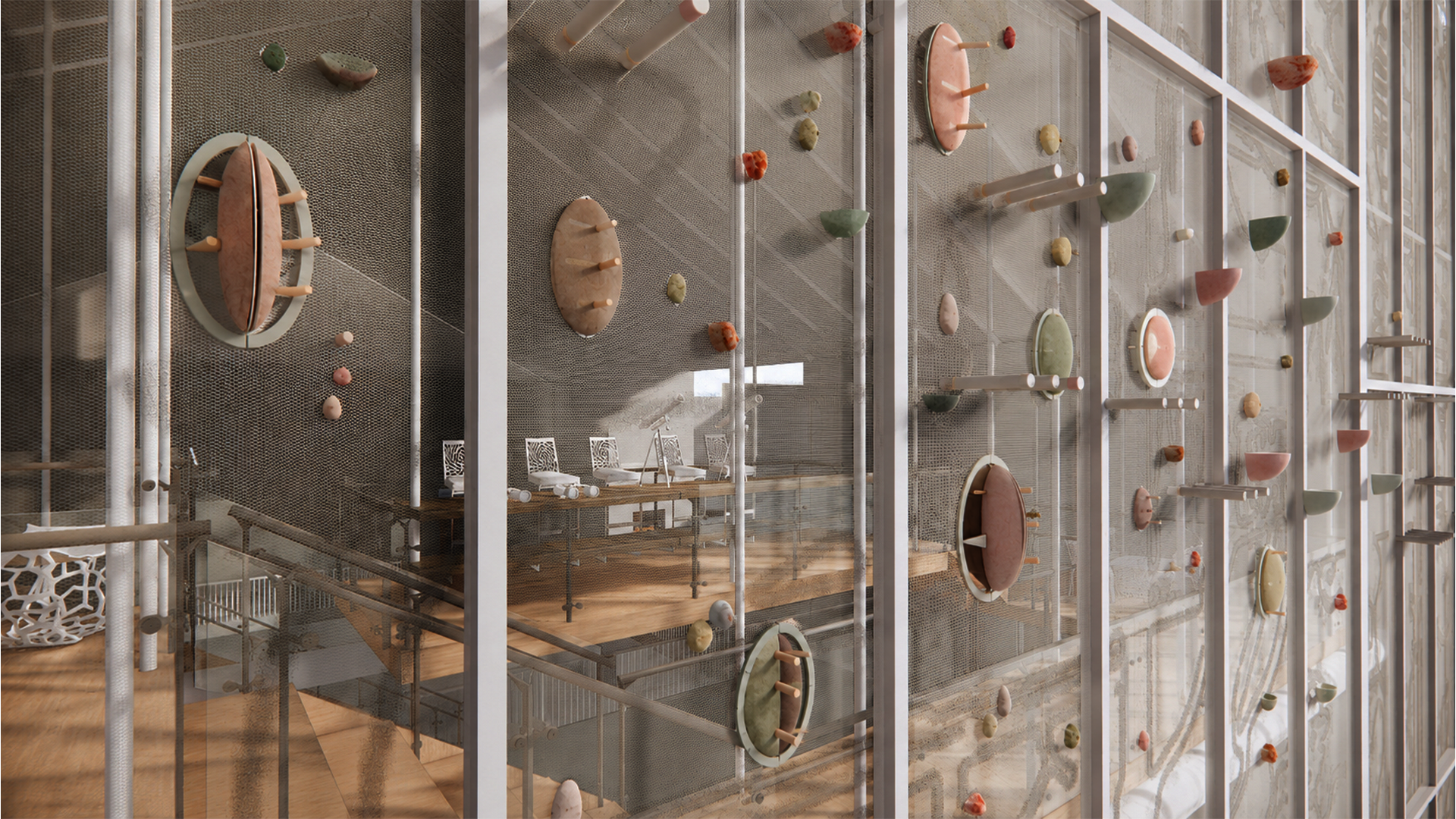 Close-up rendering of patterned glazed walls with mesh screening and pastel perch markers inside The Met dining hall.