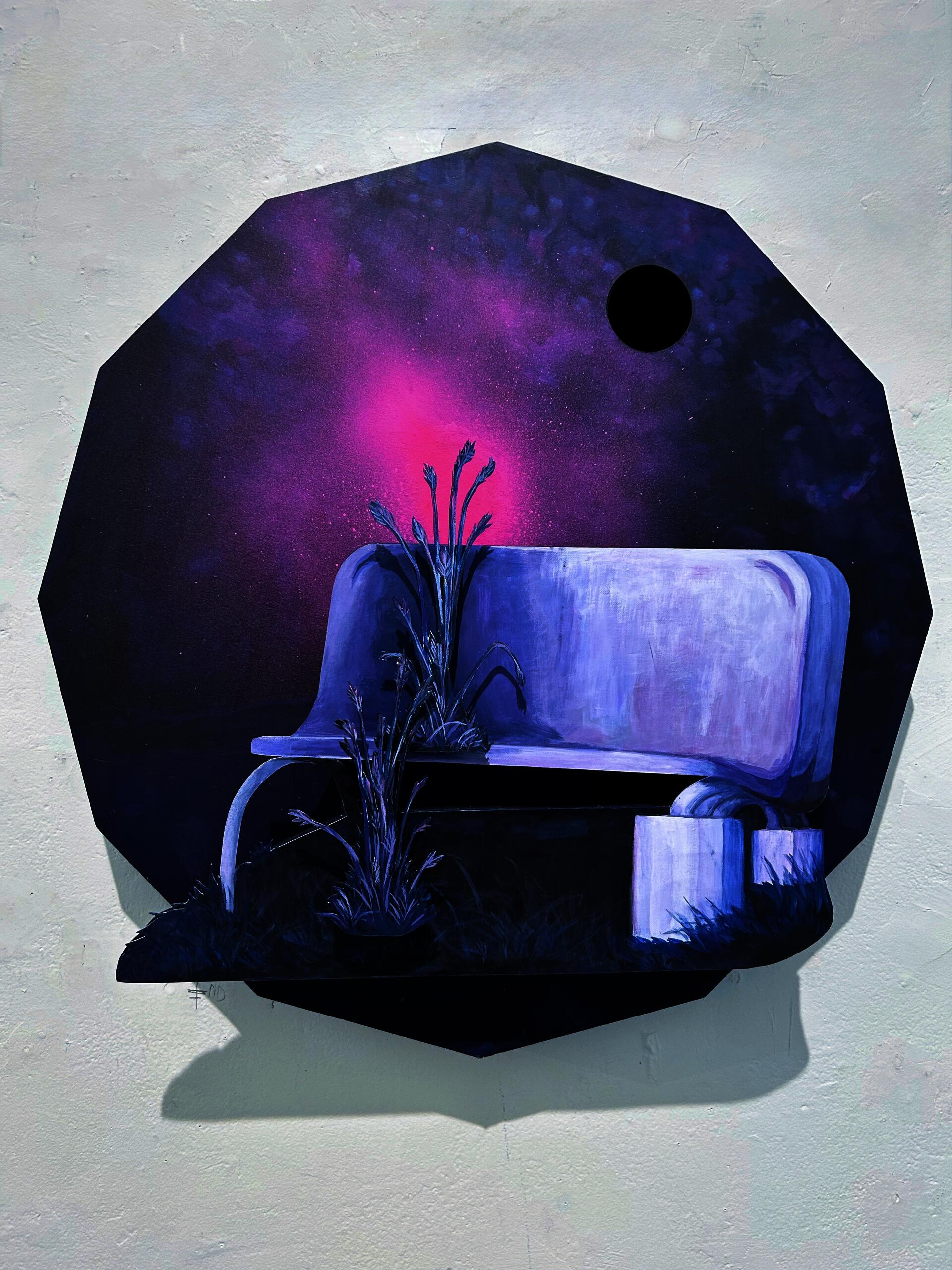 Purple bench with pink halo.