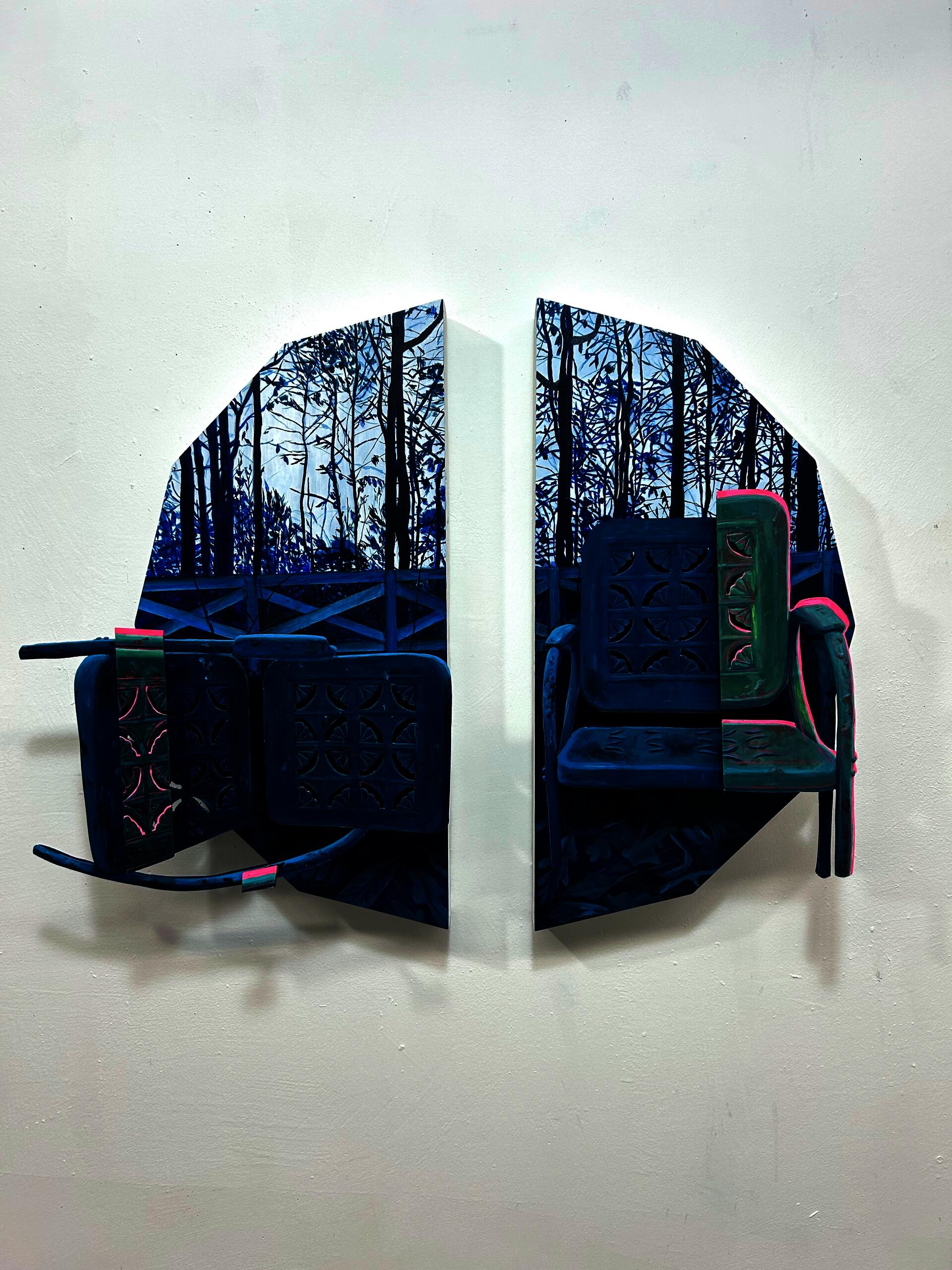 Two blue chairs. 