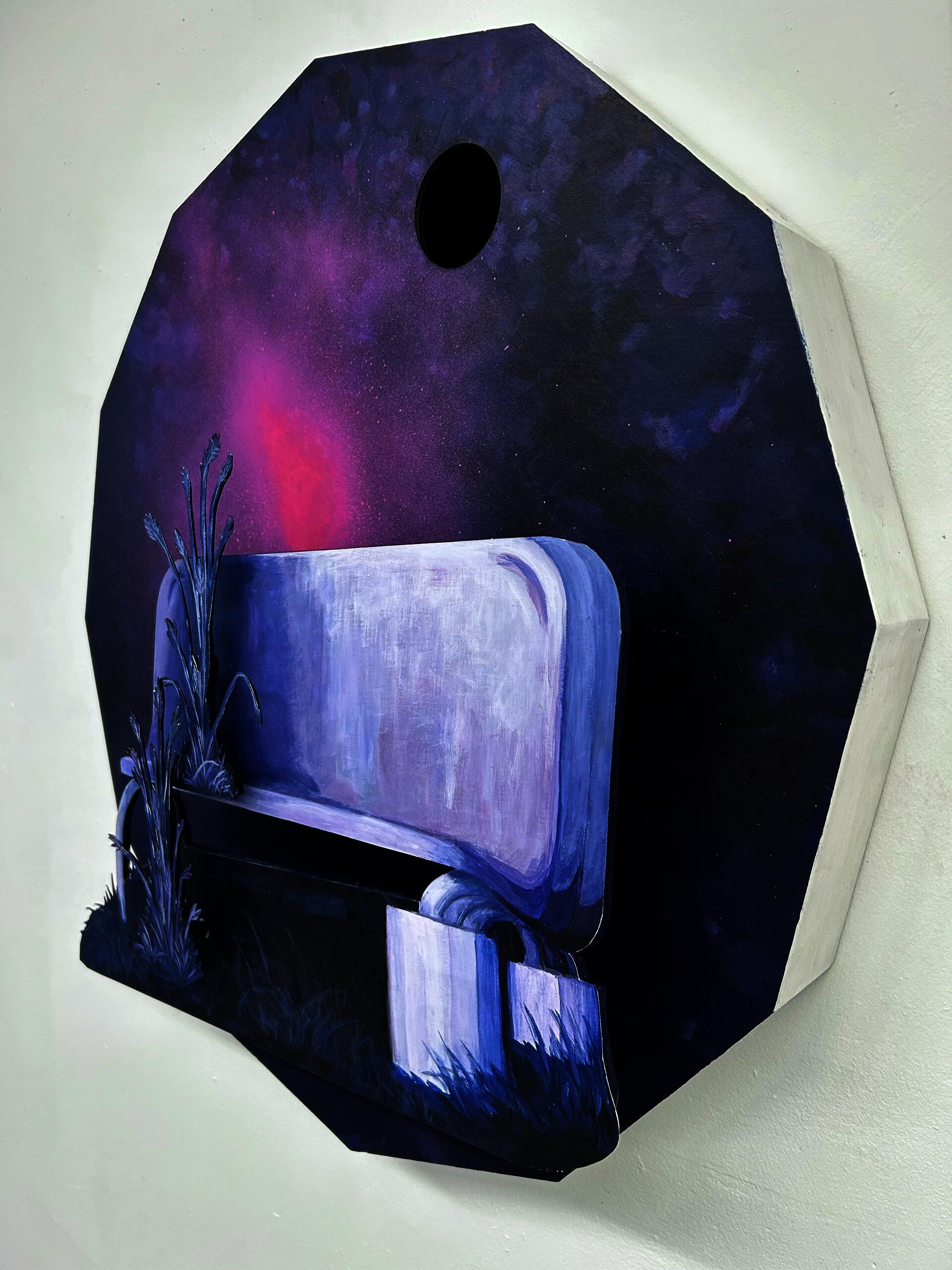 Side angle of purple bench. 