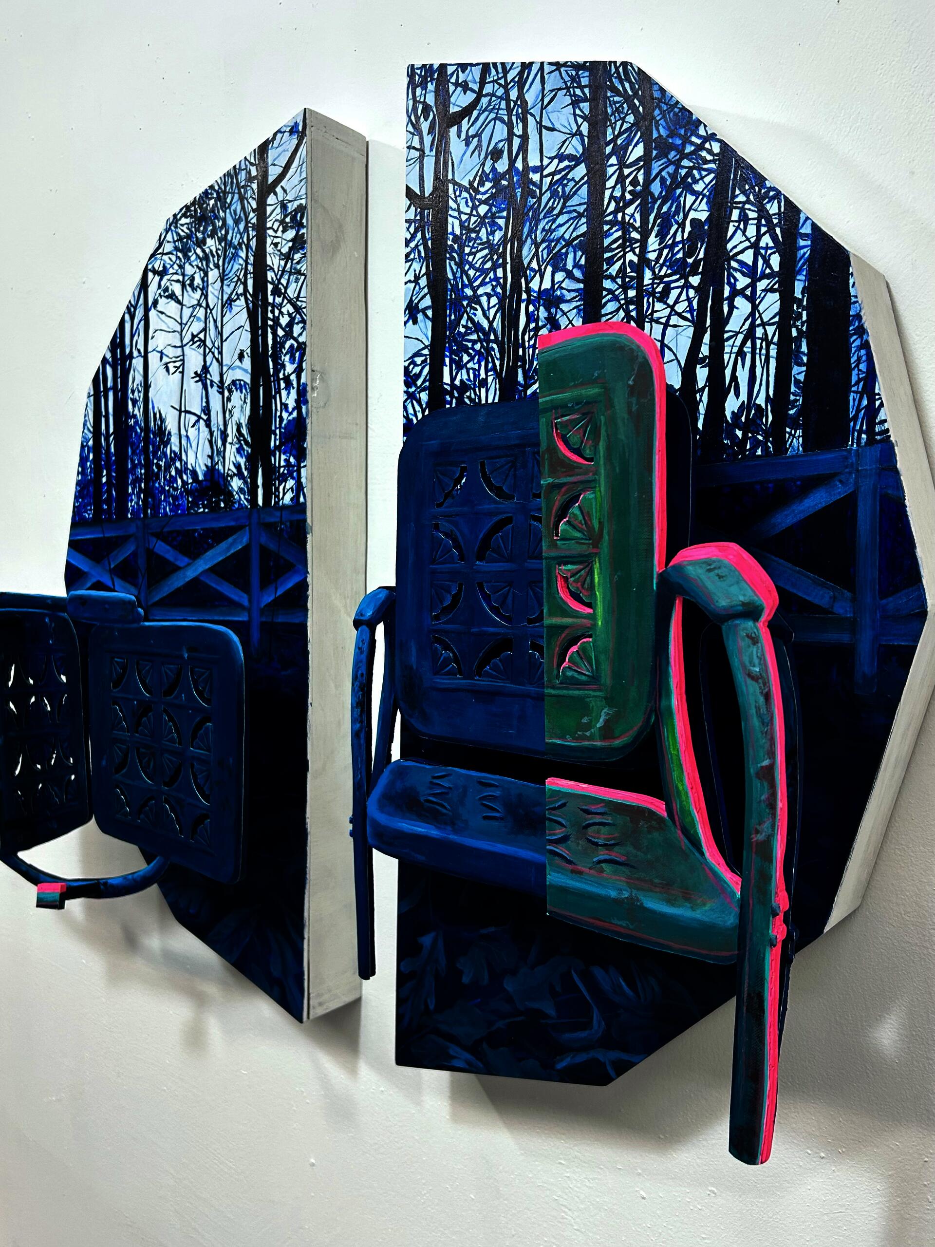 Side angle of two blue chairs. 