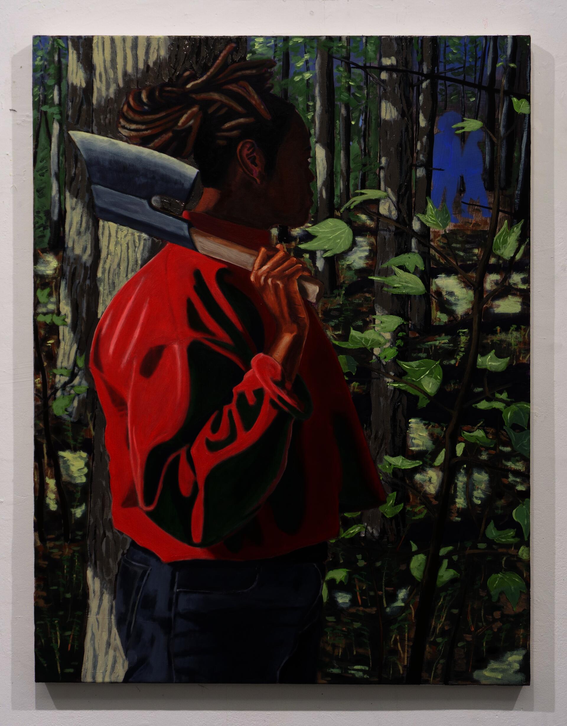 Set in a forested area, a black female figure with locs stands with her axe rests on her shoulder. Looking into the middle distance as she sees two light blue silhouettes and ponders. 