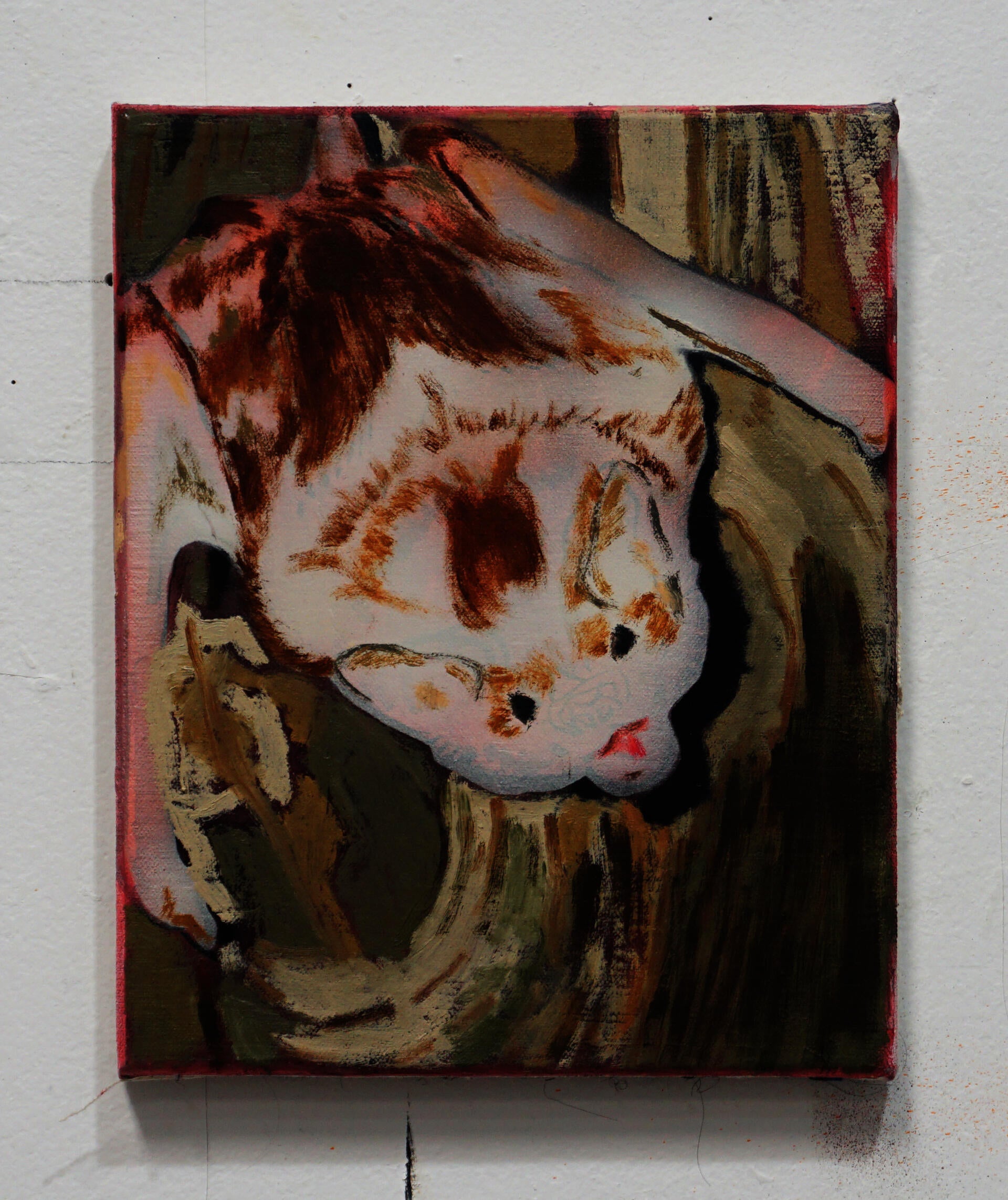 A pale brown bat perches on the side of a tree, looking at you,