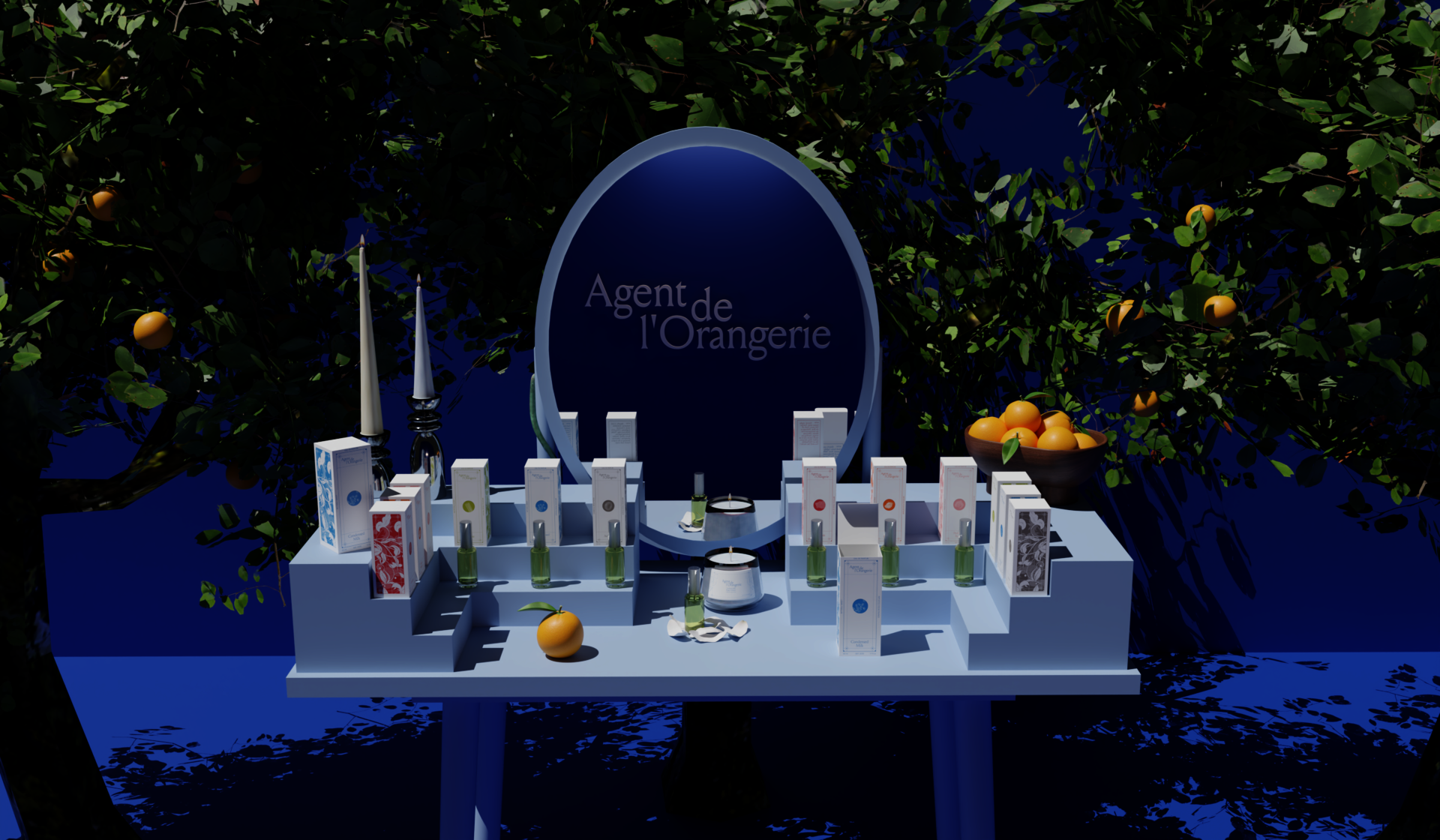 3D rendering of a vanity with orange trees on either side. Perfume boxes, candles, and the Agent de l'Orangerie logo reflected in the mirror.