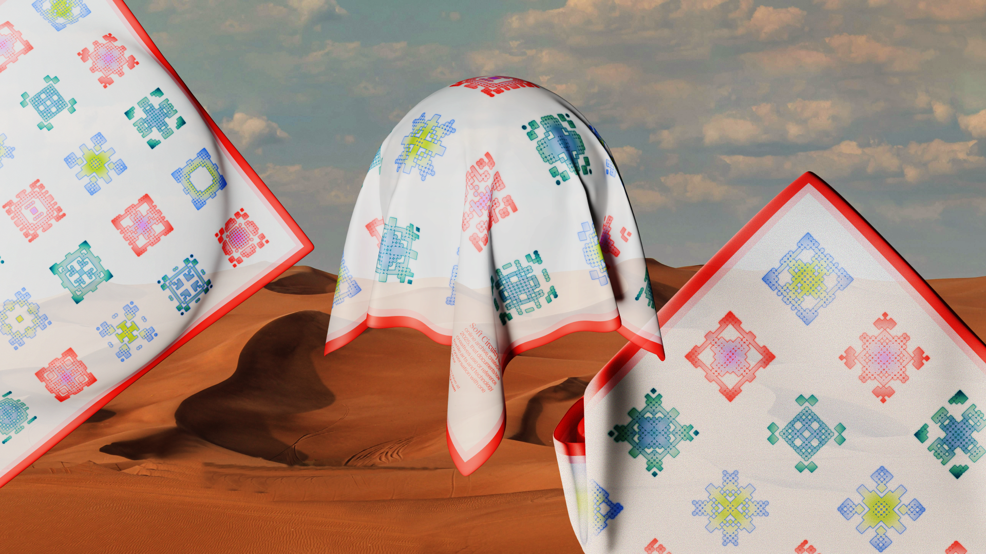 3d rendering of the same scarf in three different views. The scarfs are floating against a desert scene. The scarfs feature colorful symbols that resemble QR codes.