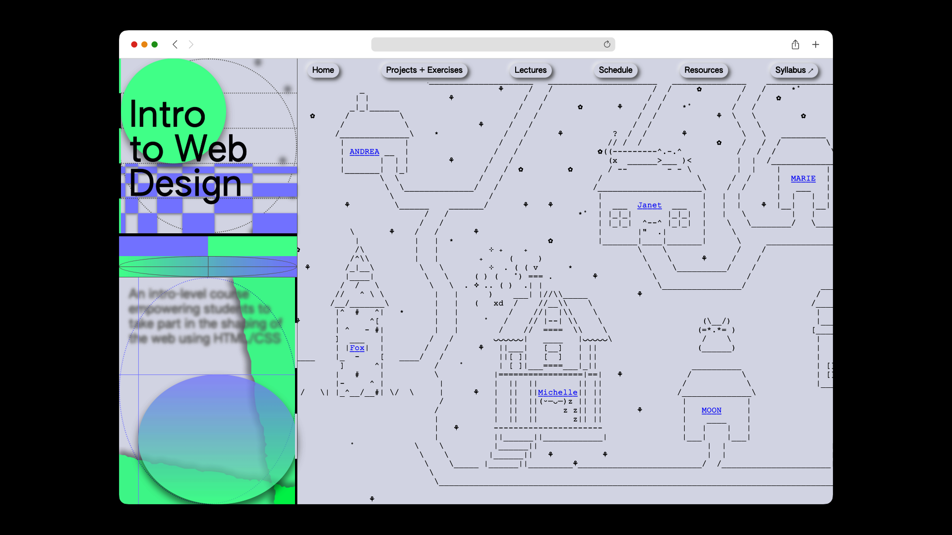 Screenshot of a homepage for a course website titled "Intro to Web." Sidebar features the heading "Intro to Web" with colorful shapes. The right side of the page features ASCII art resembling homes.