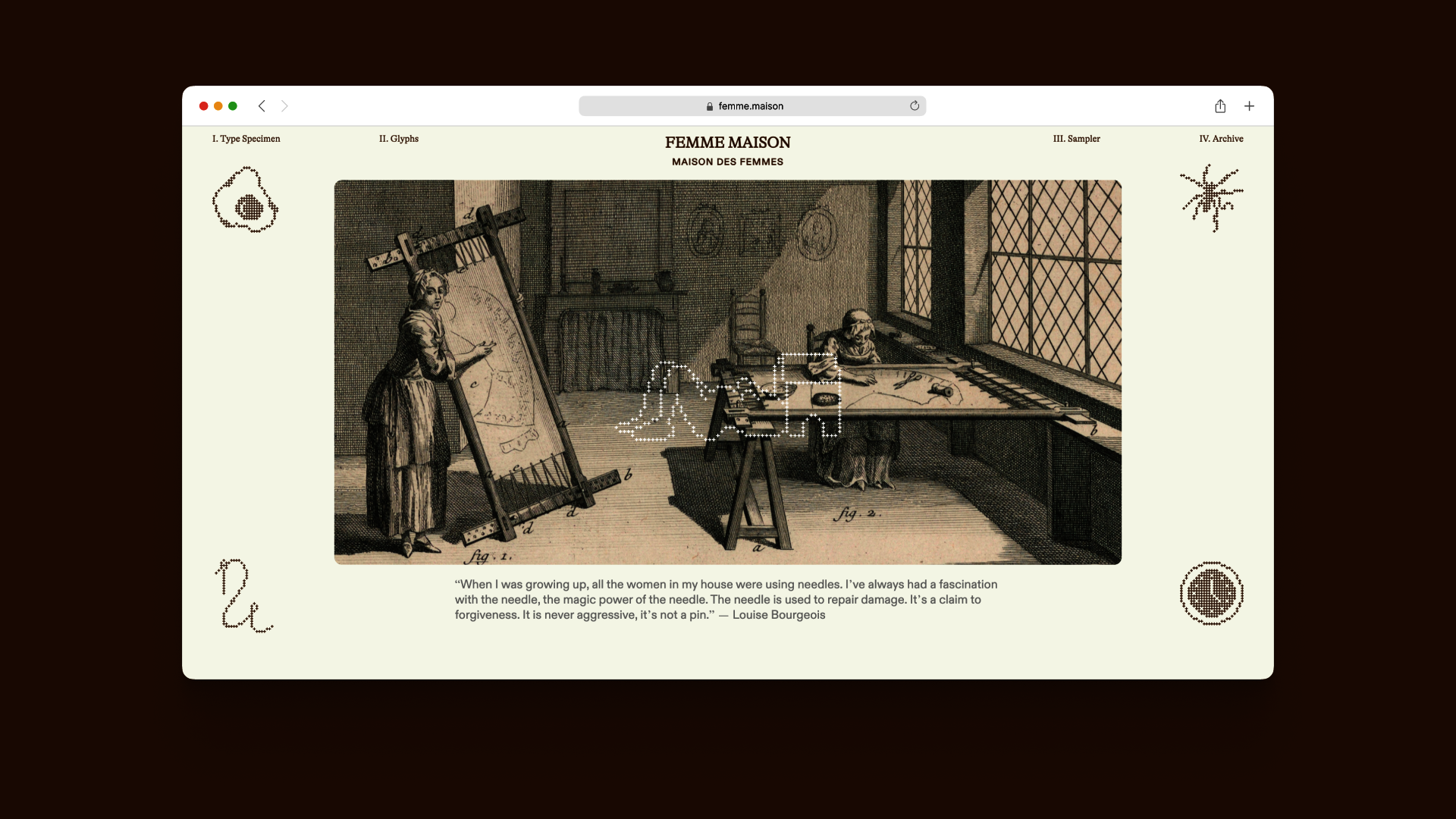 Screenshot of the Femme Maison website, featuring an illustration by an artist which shows two women weaving. The website features four pixel glyphs in the corners, including a fried egg, spider, clock, and needle and thread.
