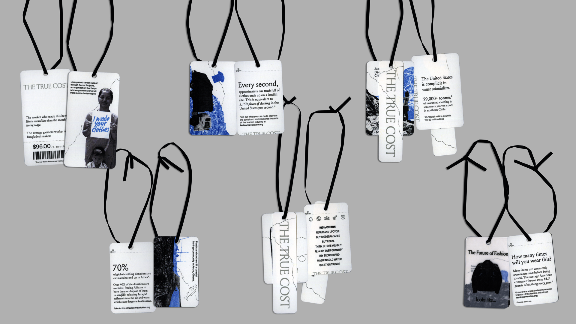 Showing the front and back of six clothing tags and black ribbons. The front features an illustration and the back features informative text about the impact of fast fashion.