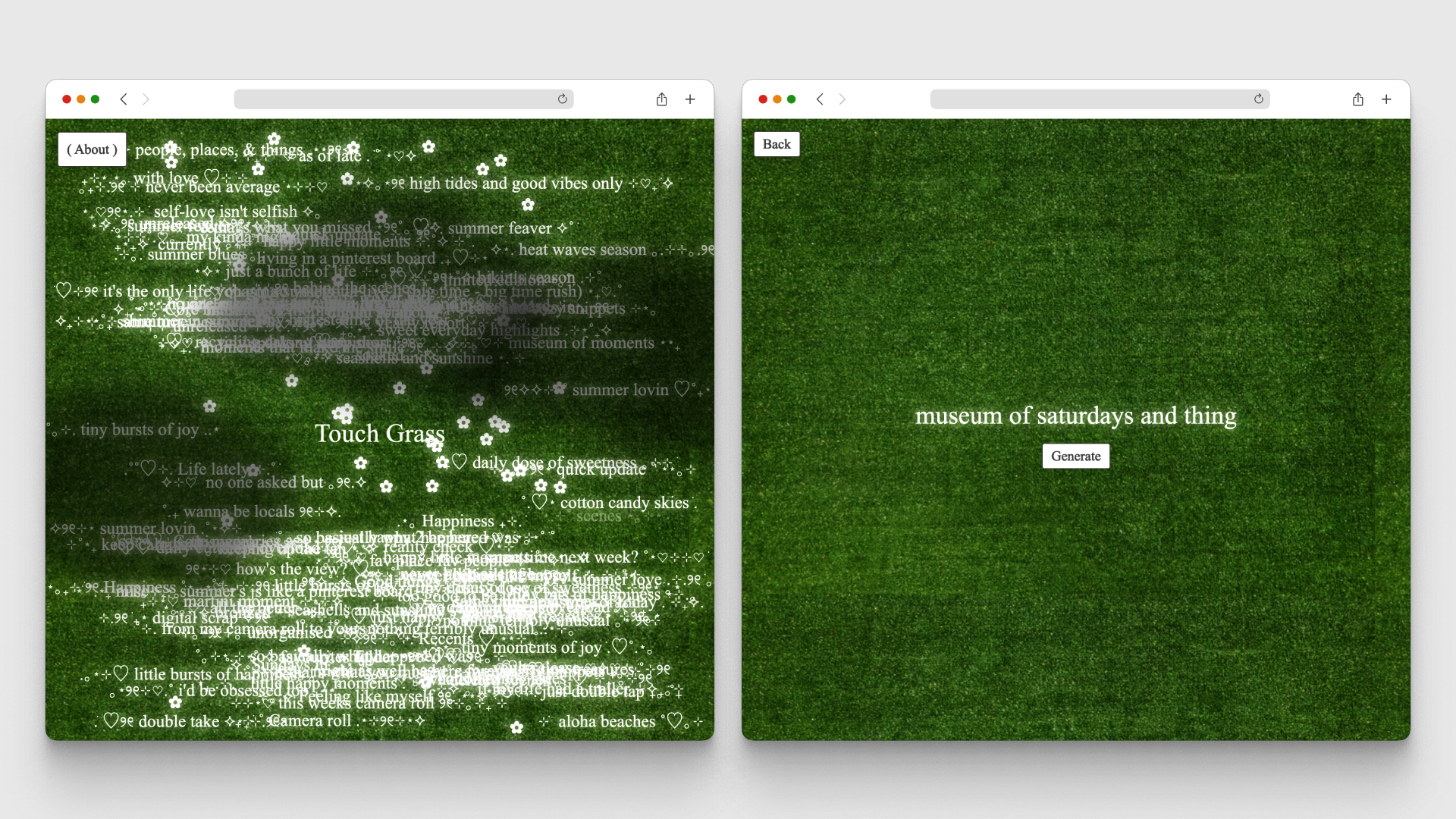 Two screenshots of the Touch Grass website. The left screenshot shows the home page with an accumulation of text or Instagram captions against a grassy background. The right screenshot shows the caption generator.