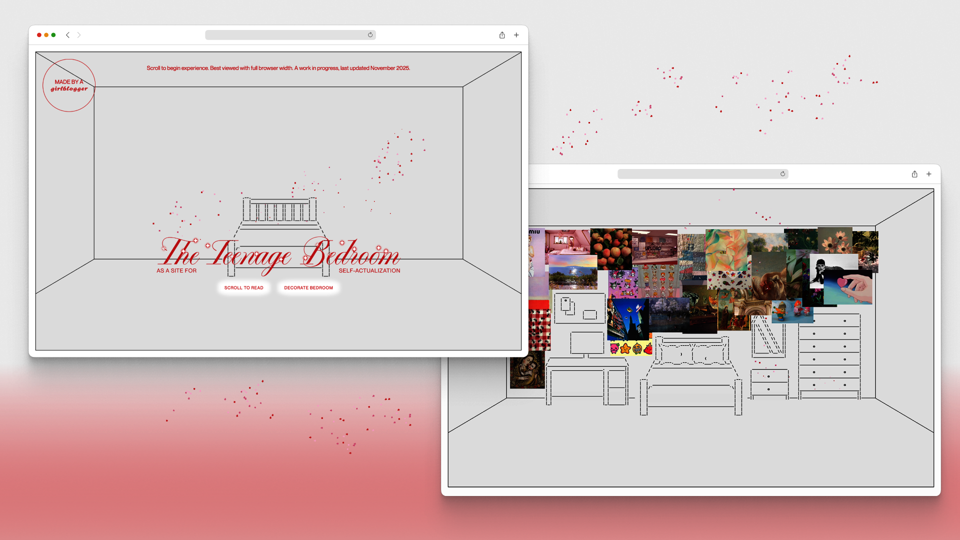The left screenshot shows the landing page of the Teenage Bedrooms as Cultural Sites website. The right screenshot shows the ASCII bedroom with a collage of poster images.
