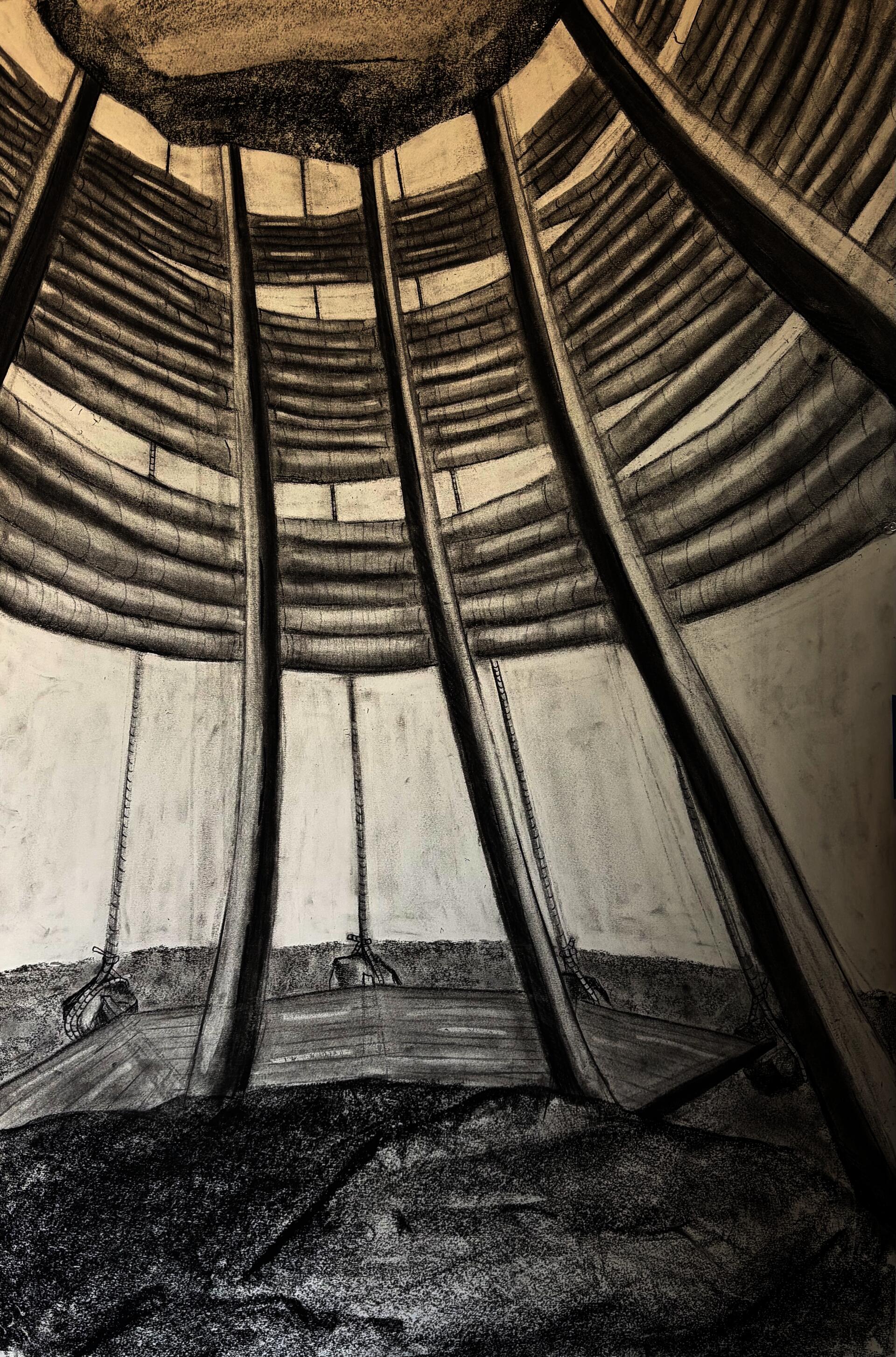 Charcoal drawing looking up at a rock being held high in the air with wood posts and rope.