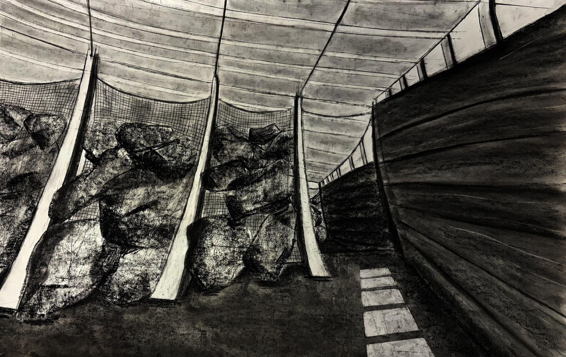 A charcoal drawing of a building made of rock debris caught by nets.